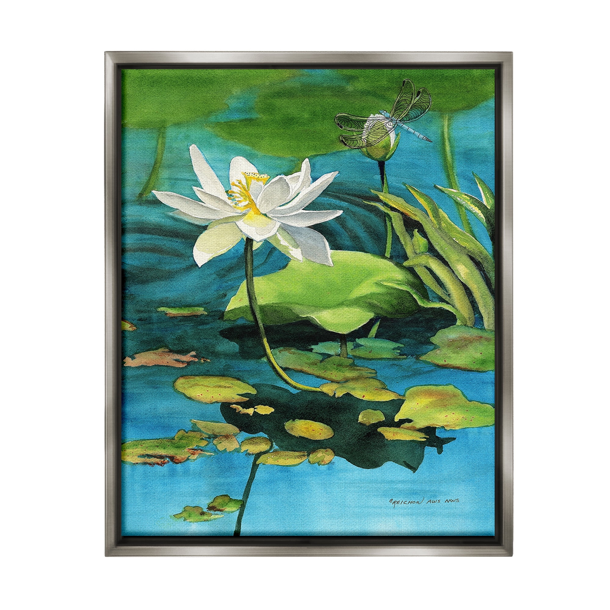 Stupell Industries Pond Lotus & Dragonfly Botanical & Floral Painting Gray Floater Framed Canvas Art Print Wall Art, 17 x 21