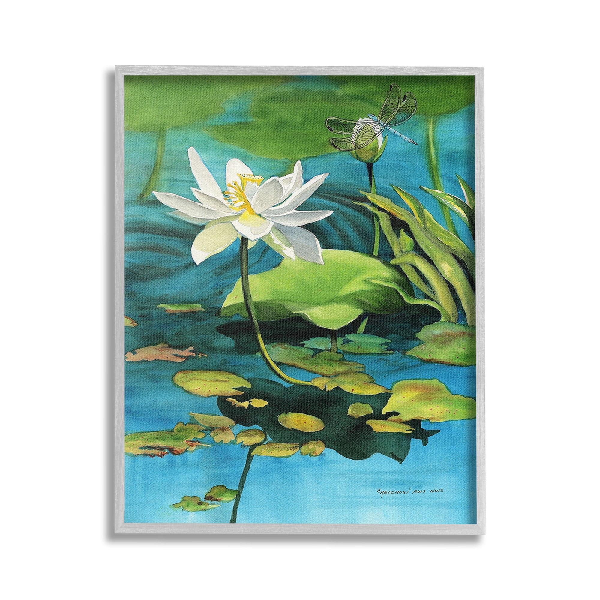 Stupell Industries Pond Lotus & Dragonfly Botanical & Floral Painting Gray Framed Art Print Wall Art, 24 x 30