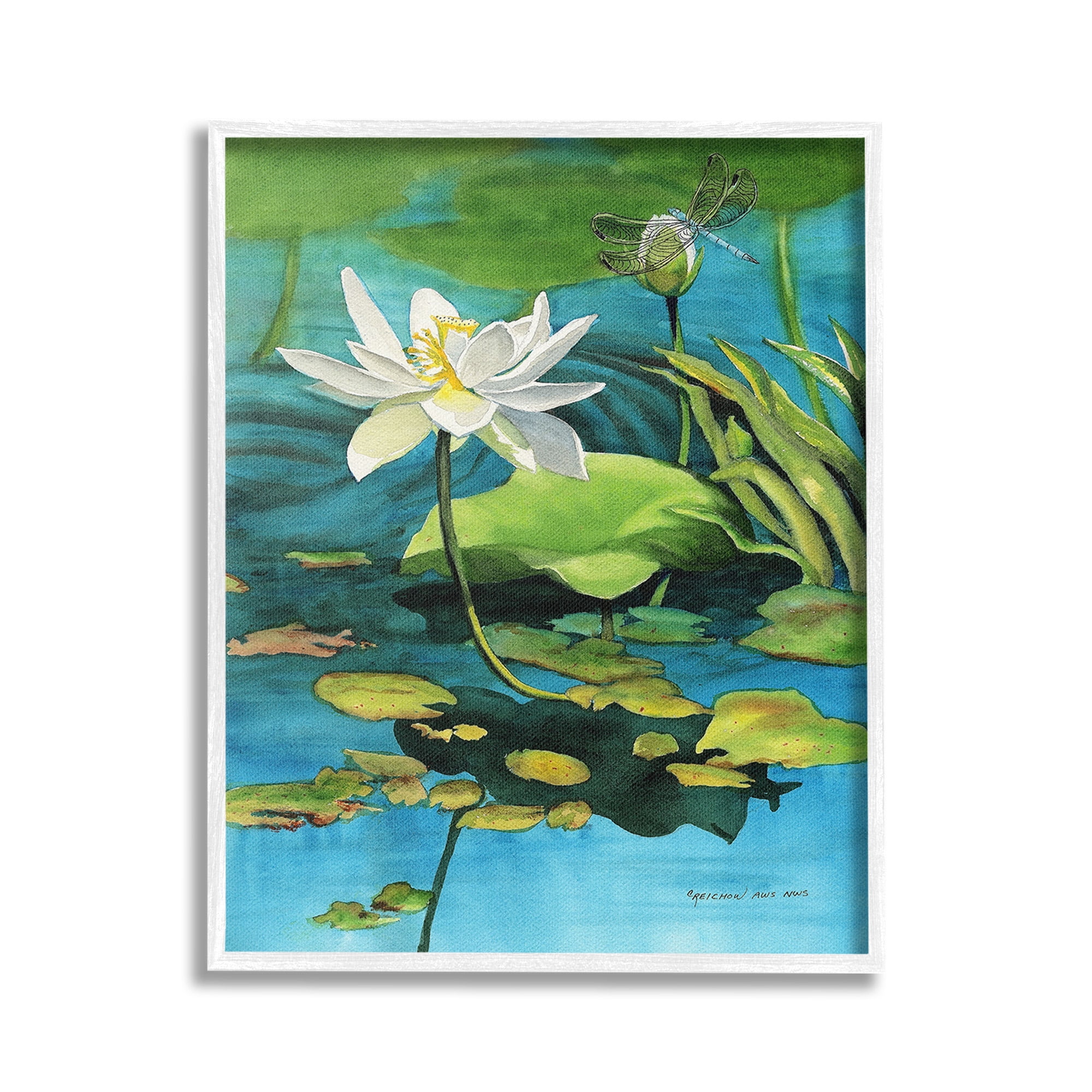 Stupell Industries Pond Lotus & Dragonfly Botanical & Floral Painting White Framed Art Print Wall Art, 24 x 30