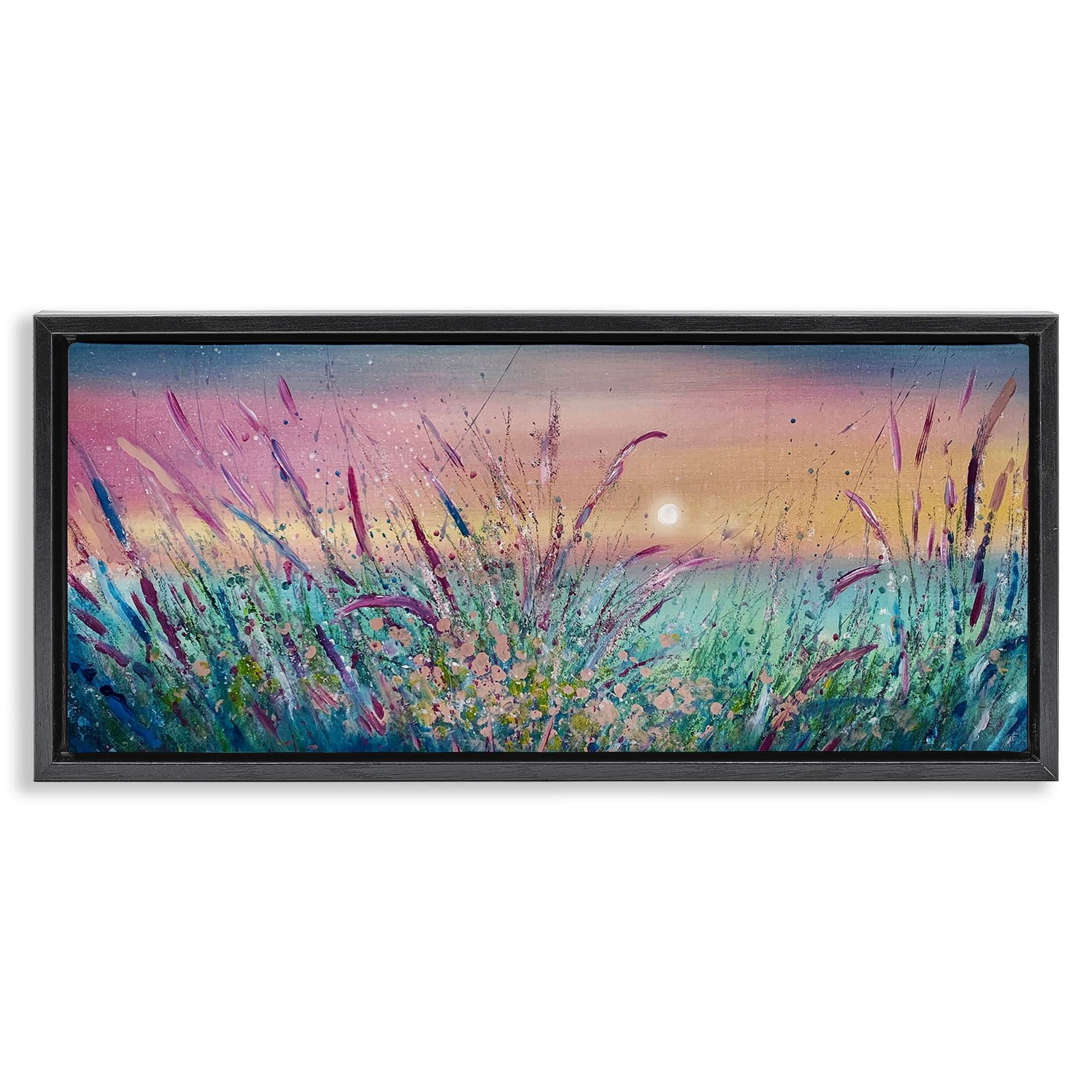 Stupell Industries Pond Reeds Sprouting at Sunset Landscape Painting Black Floater Framed Canvas Art Print Wall Art, 25 x 11