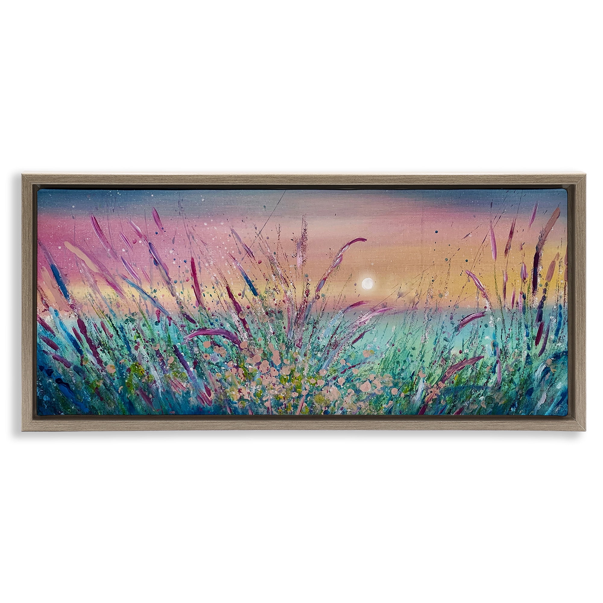 Stupell Industries Pond Reeds Sprouting at Sunset Landscape Painting Brown Floater Framed Canvas Art Print Wall Art, 25 x 11