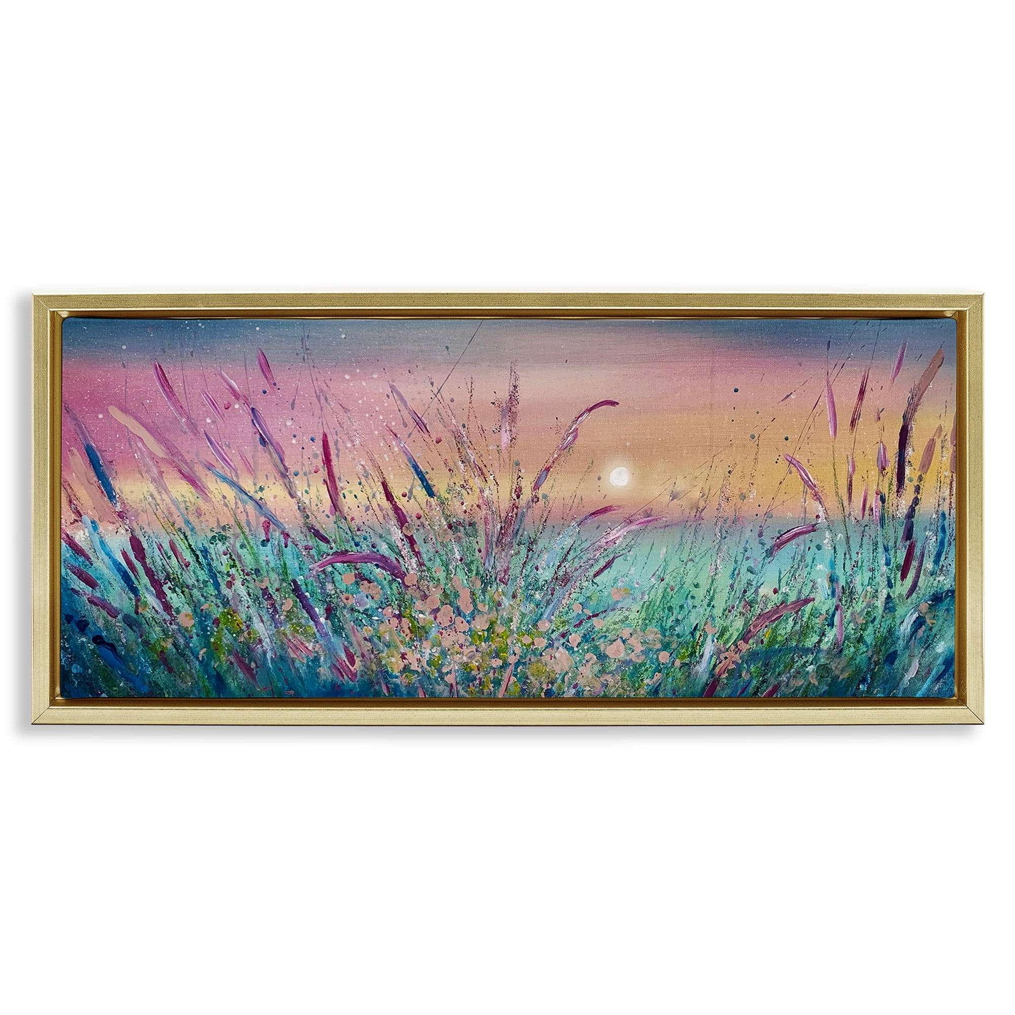 Stupell Industries Pond Reeds Sprouting at Sunset Landscape Painting Gold Floater Framed Canvas Art Print Wall Art, 31 x 14