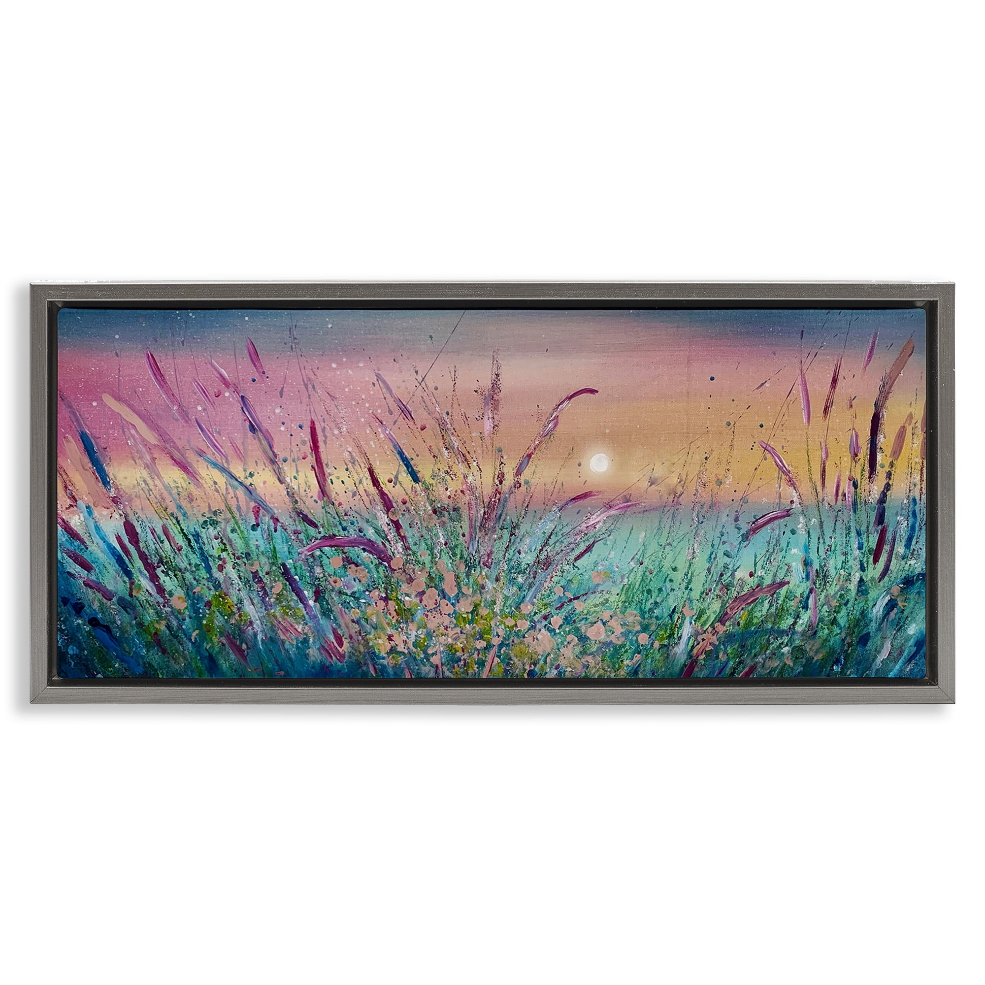 Stupell Industries Pond Reeds Sprouting at Sunset Landscape Painting Gray Floater Framed Canvas Art Print Wall Art, 25 x 11