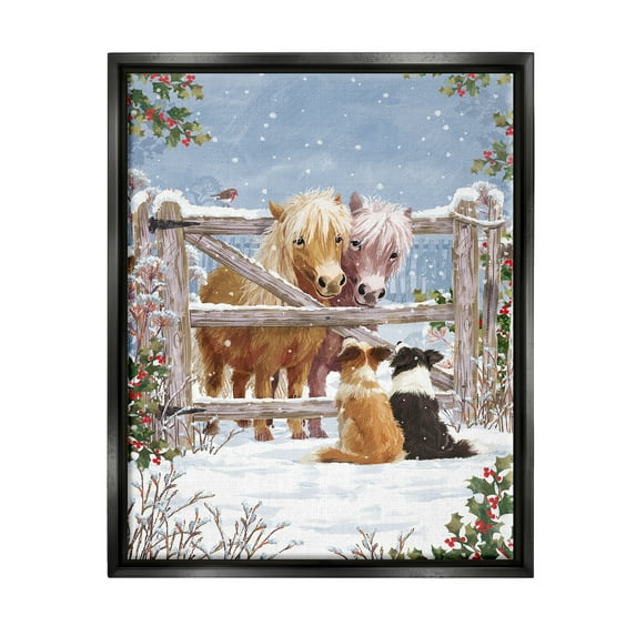 Stupell Industries Ponies & Dogs Winter Farm Scene Holiday Painting Black Floater Framed Art Print Wall Art