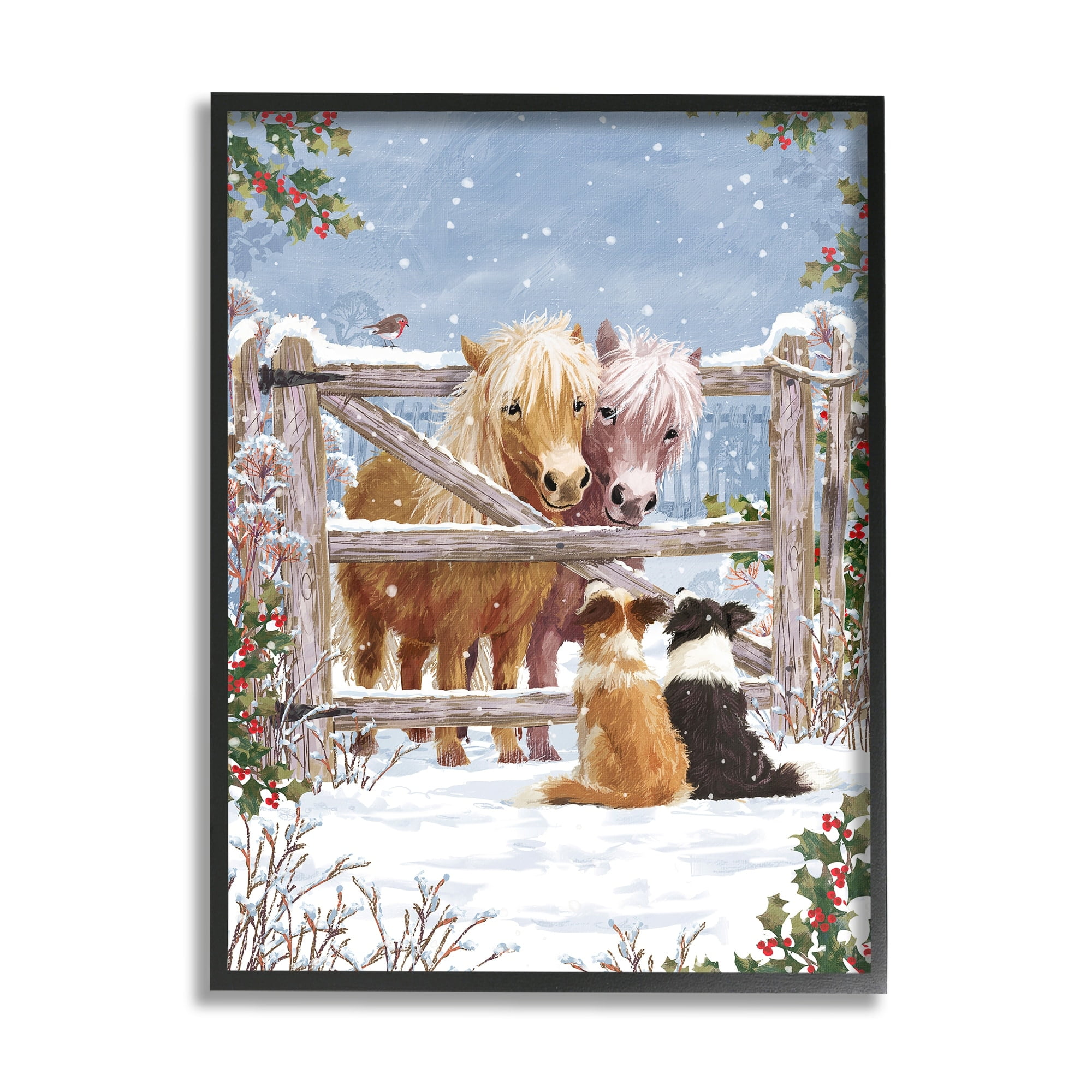 Stupell Industries Ponies & Dogs Winter Farm Scene Holiday Painting Black Framed Art Print Wall Art