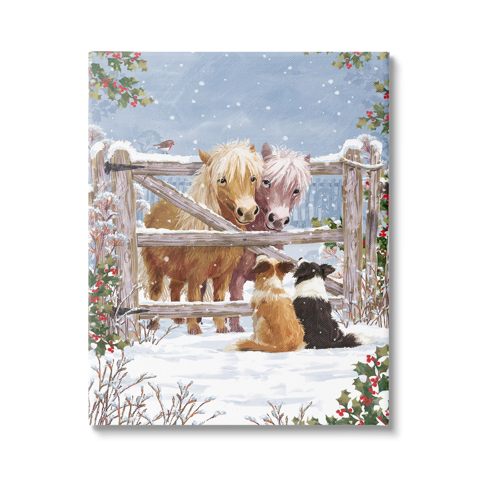 Stupell Industries Ponies & Dogs Winter Farm Scene Holiday Painting Gallery Wrapped Canvas Print Wall Art