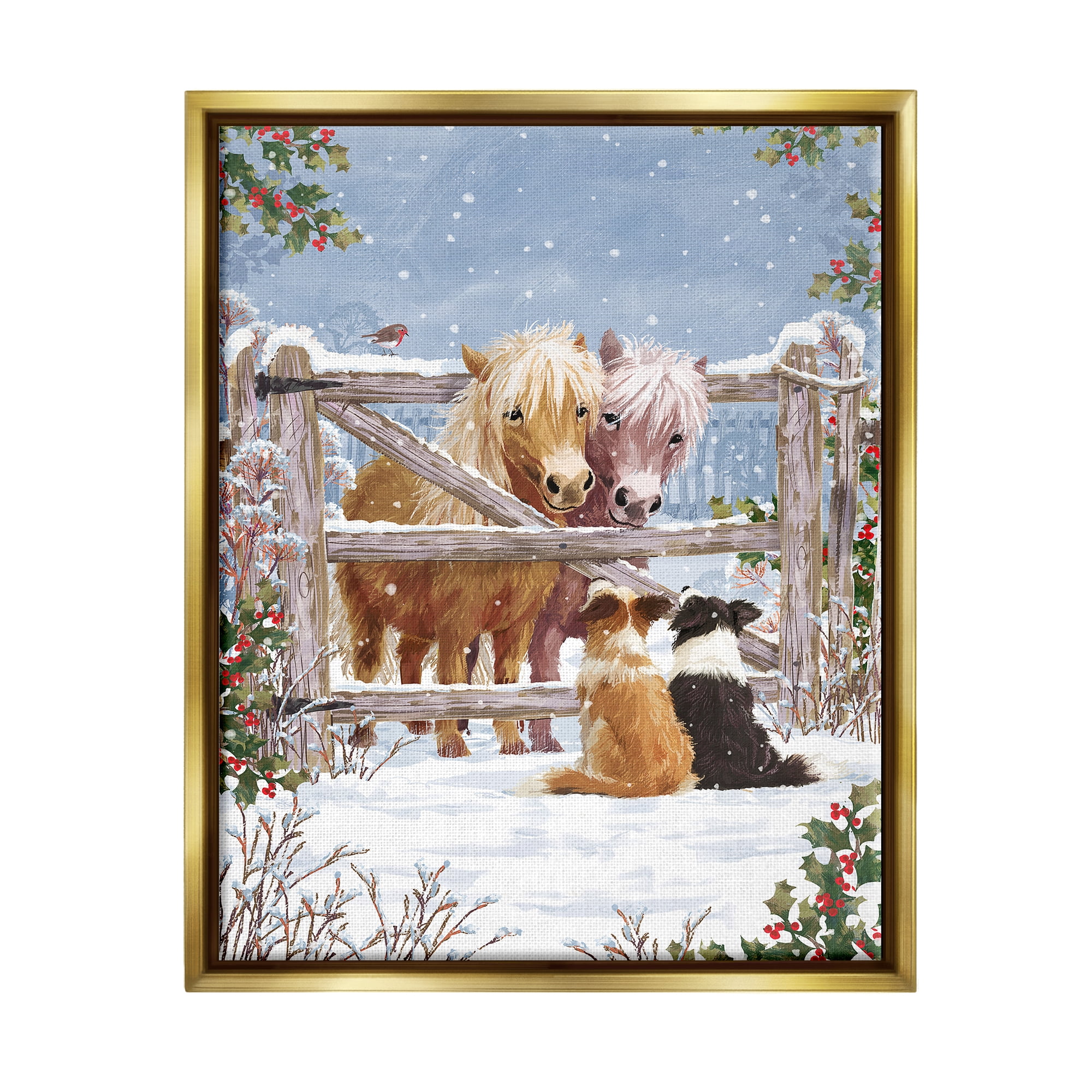 Stupell Industries Ponies & Dogs Winter Farm Scene Holiday Painting Gold Floater Framed Art Print Wall Art