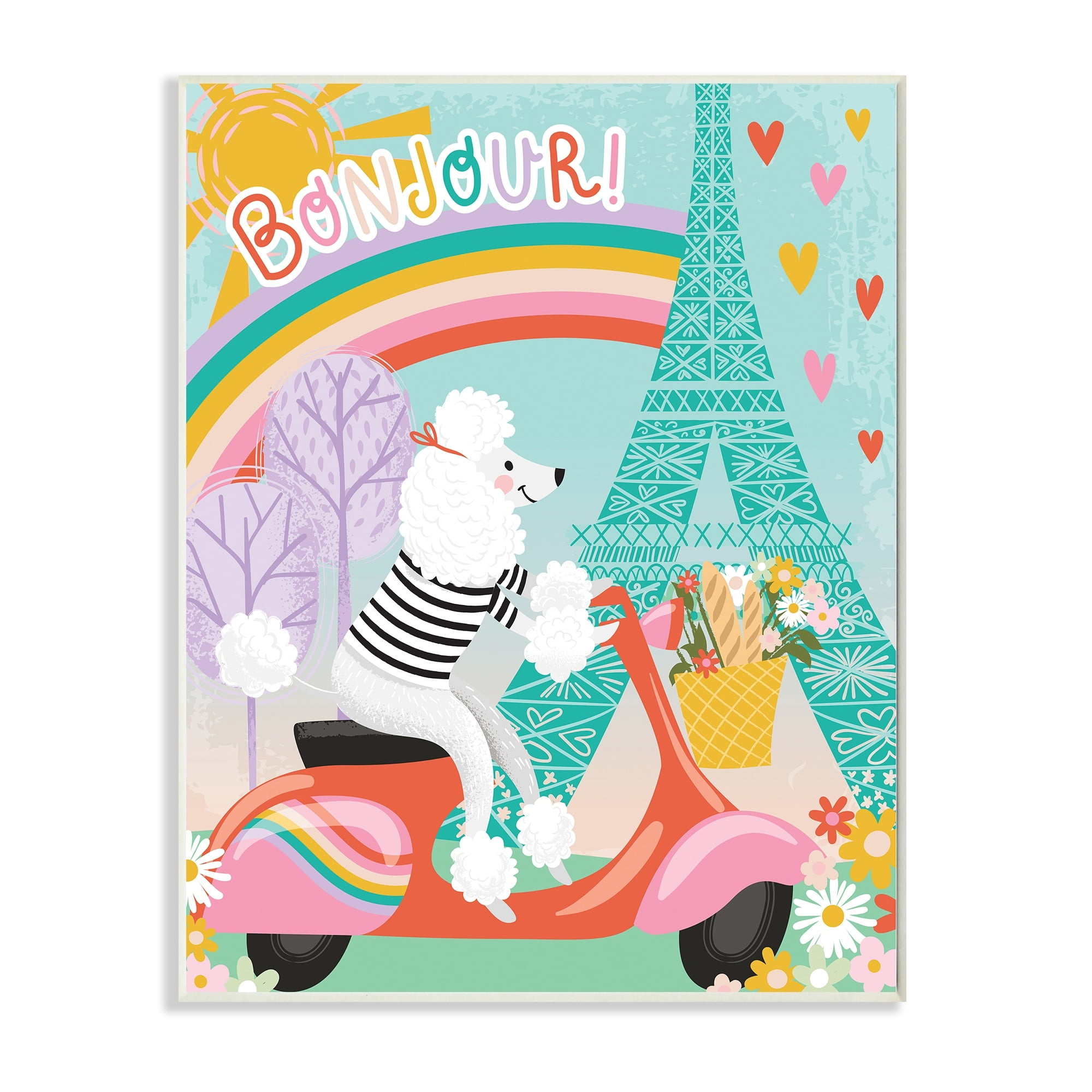Stupell Industries Poodle Driving Moped Bonjour Eifel Tower,13 x 19,Designed by Arrolynn Weiderhold