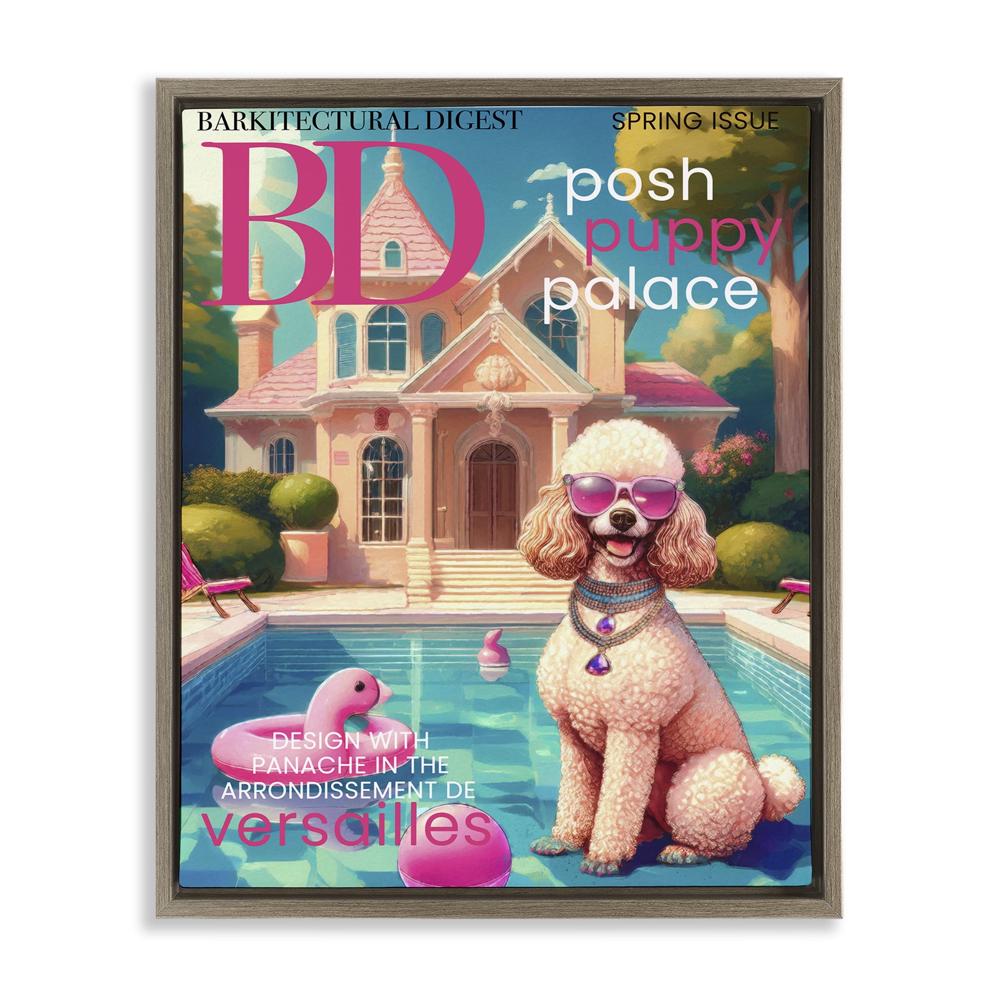 Stupell Industries Poodle Magazine Parody Brown Framed Floater Canvas Wall Art, design by Grotto Studios