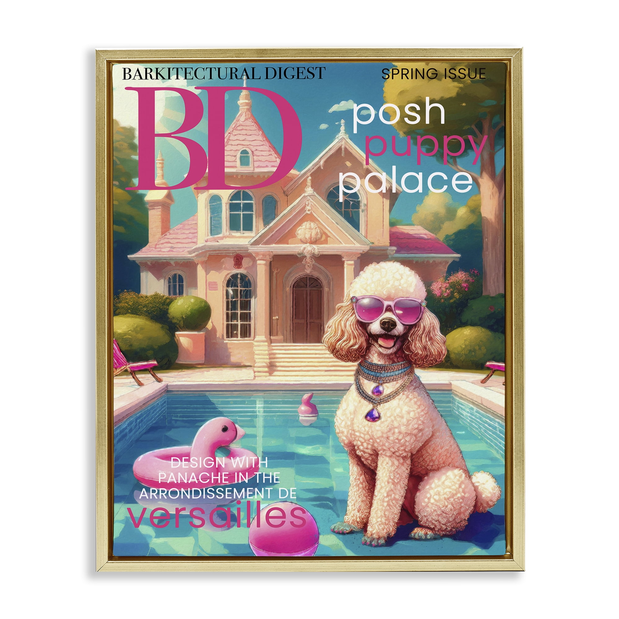 Stupell Industries Poodle Magazine Parody Gold Framed Floater Canvas Wall Art, design by Grotto Studios