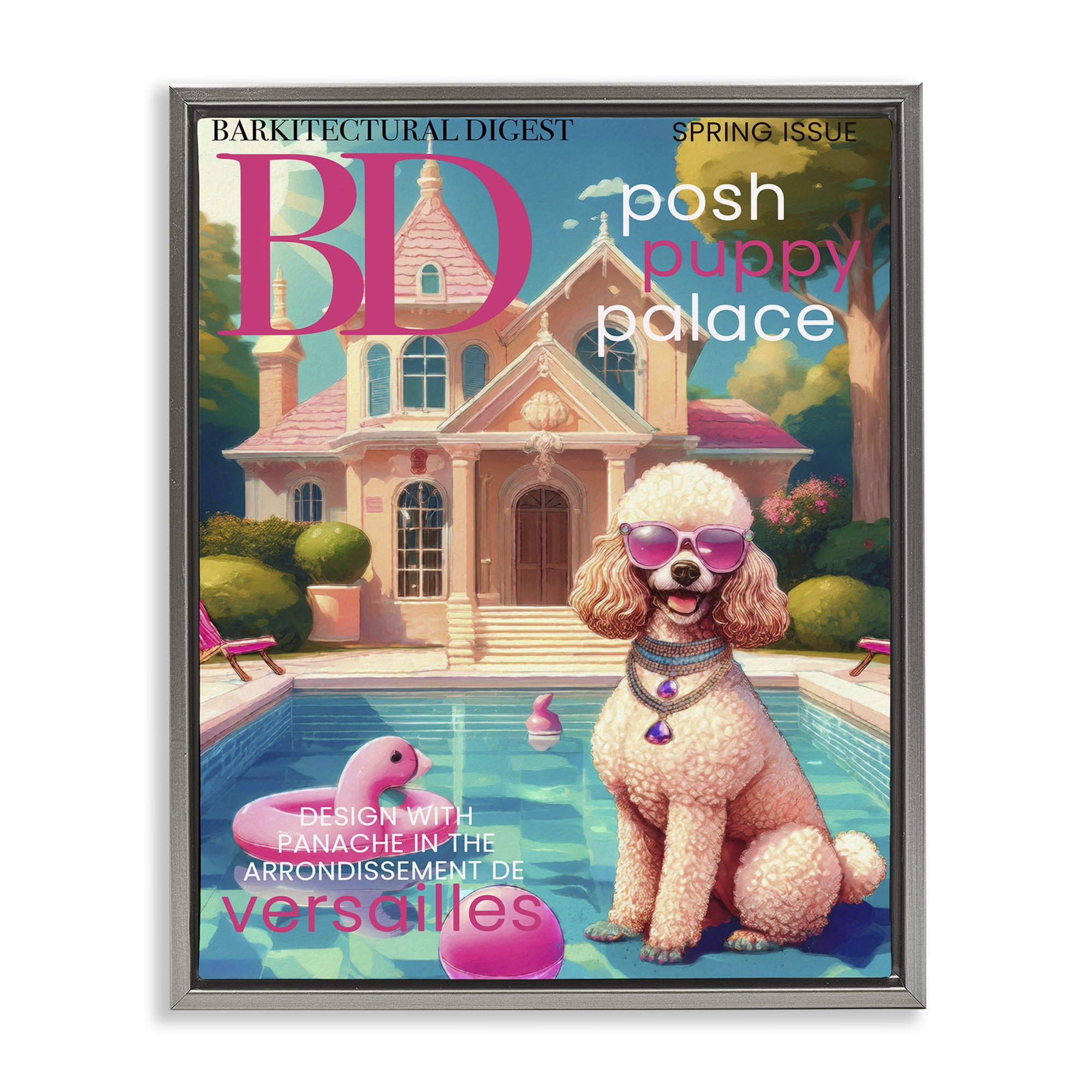 Stupell Industries Poodle Magazine Parody Gray Framed Floater Canvas Wall Art, design by Grotto Studios
