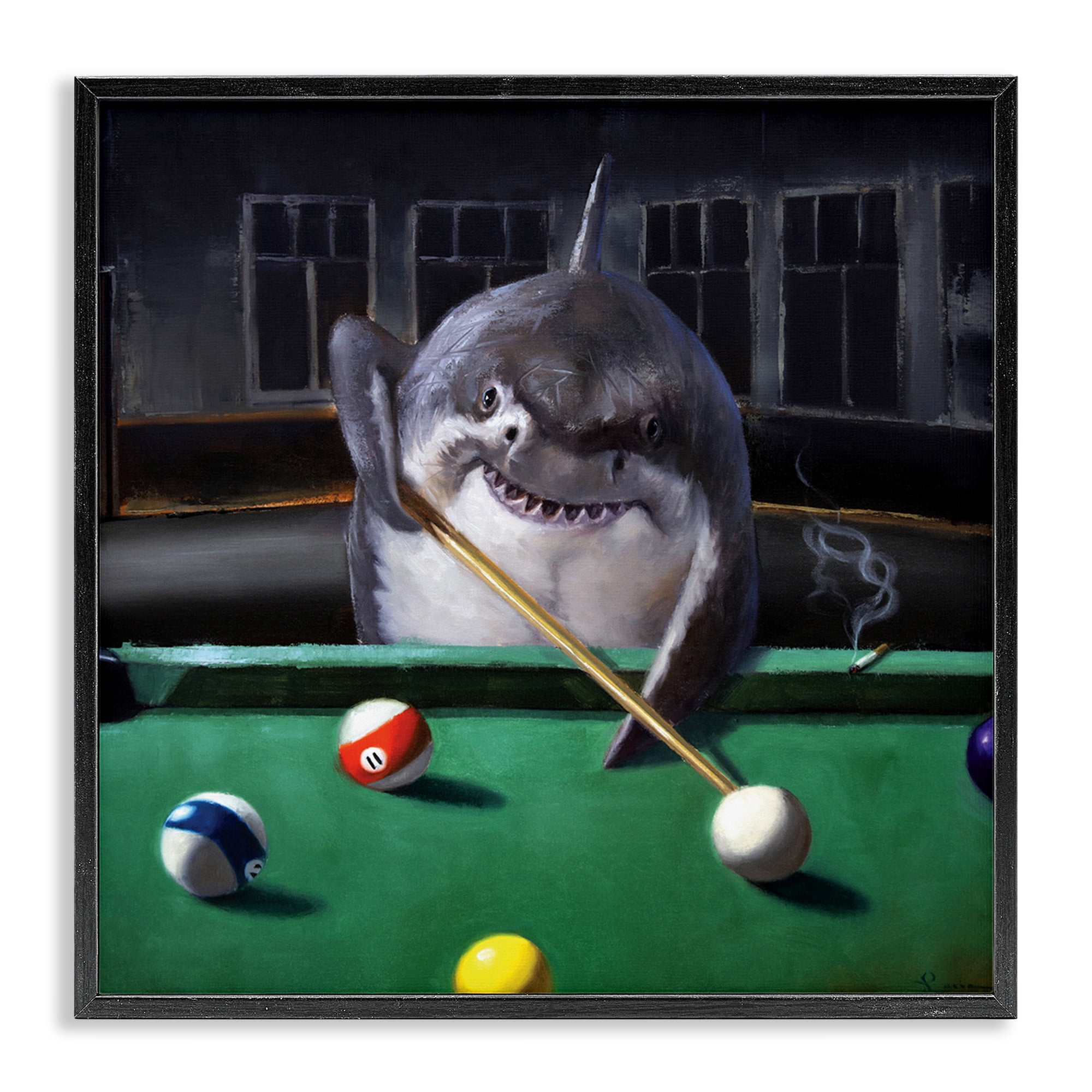 Stupell Industries Pool Shark Animal Pun Animals & Insects Painting Black Framed Art Print Wall Art, 17 x 17