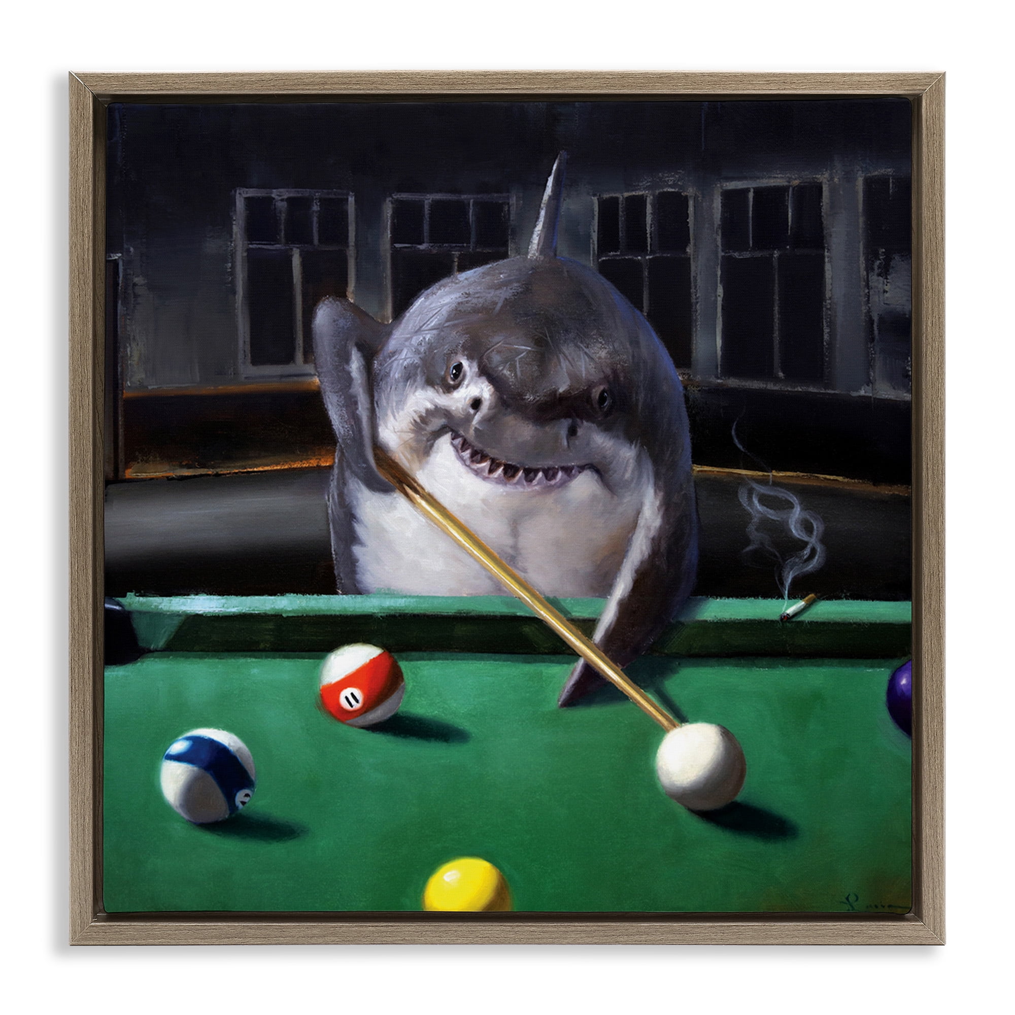 Stupell Industries Pool Shark Animal Pun Animals & Insects Painting Brown Floater Framed Canvas Art Print Wall Art, 25 x 25
