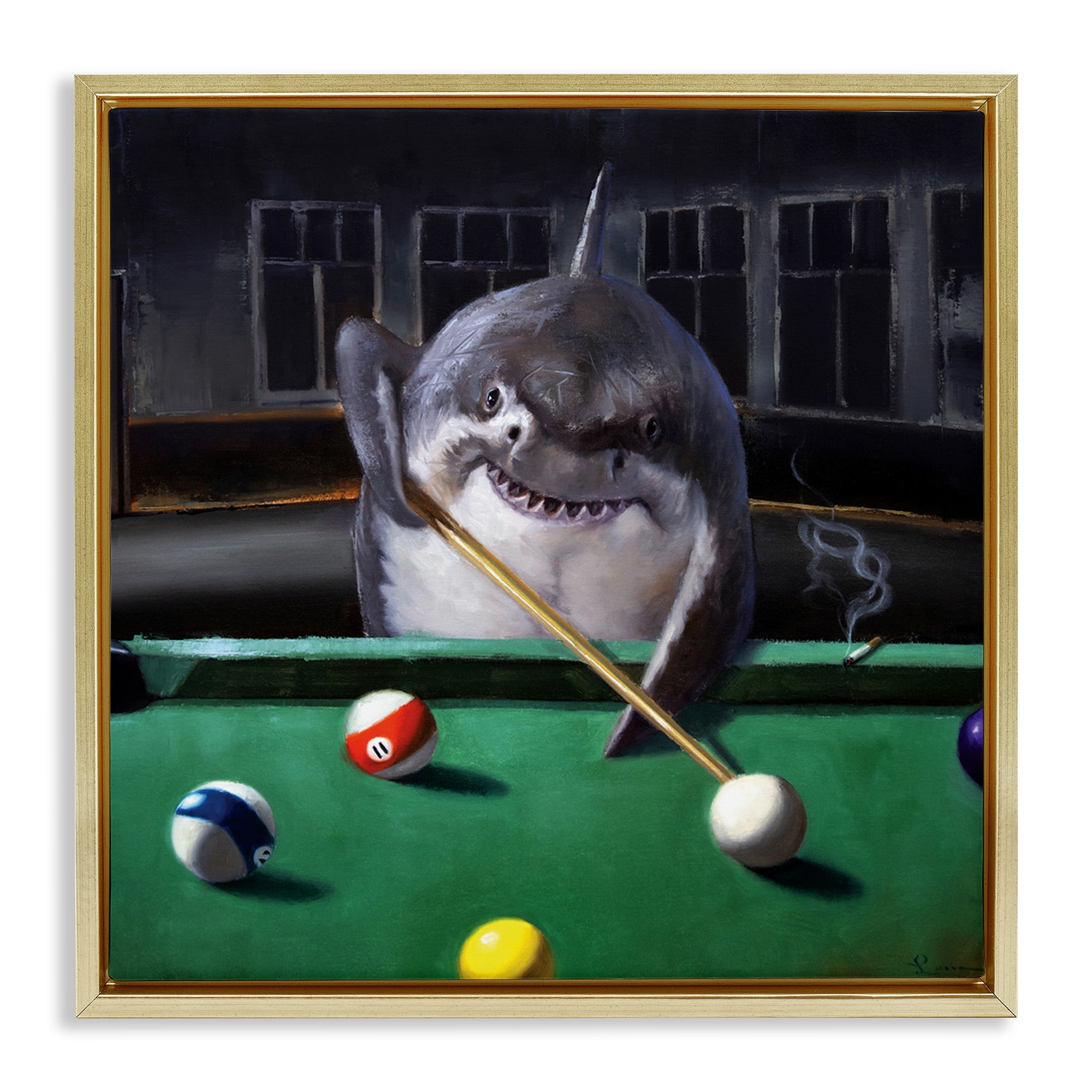 Stupell Industries Pool Shark Animal Pun Animals & Insects Painting Gold Floater Framed Canvas Art Print Wall Art, 18 x 18