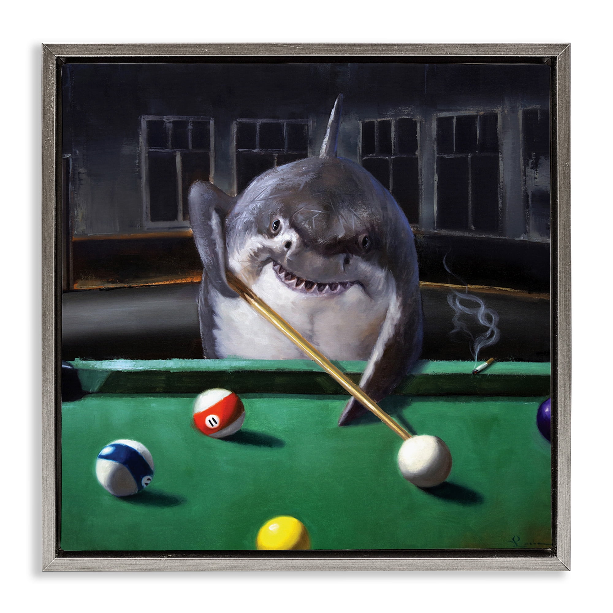Stupell Industries Pool Shark Animal Pun Animals & Insects Painting Gray Floater Framed Canvas Art Print Wall Art, 18 x 18