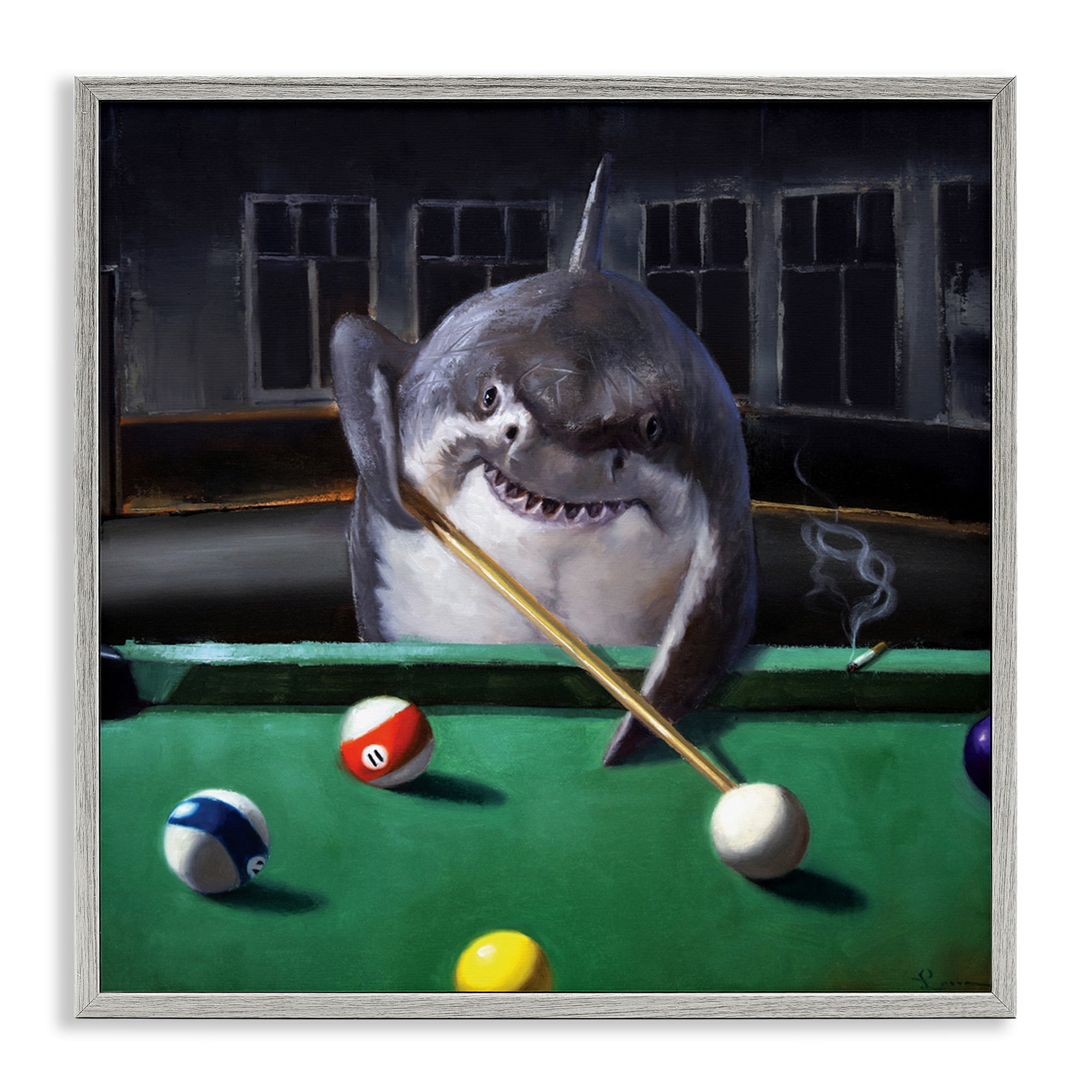 Stupell Industries Pool Shark Animal Pun Animals & Insects Painting Gray Framed Art Print Wall Art, 12 x 12