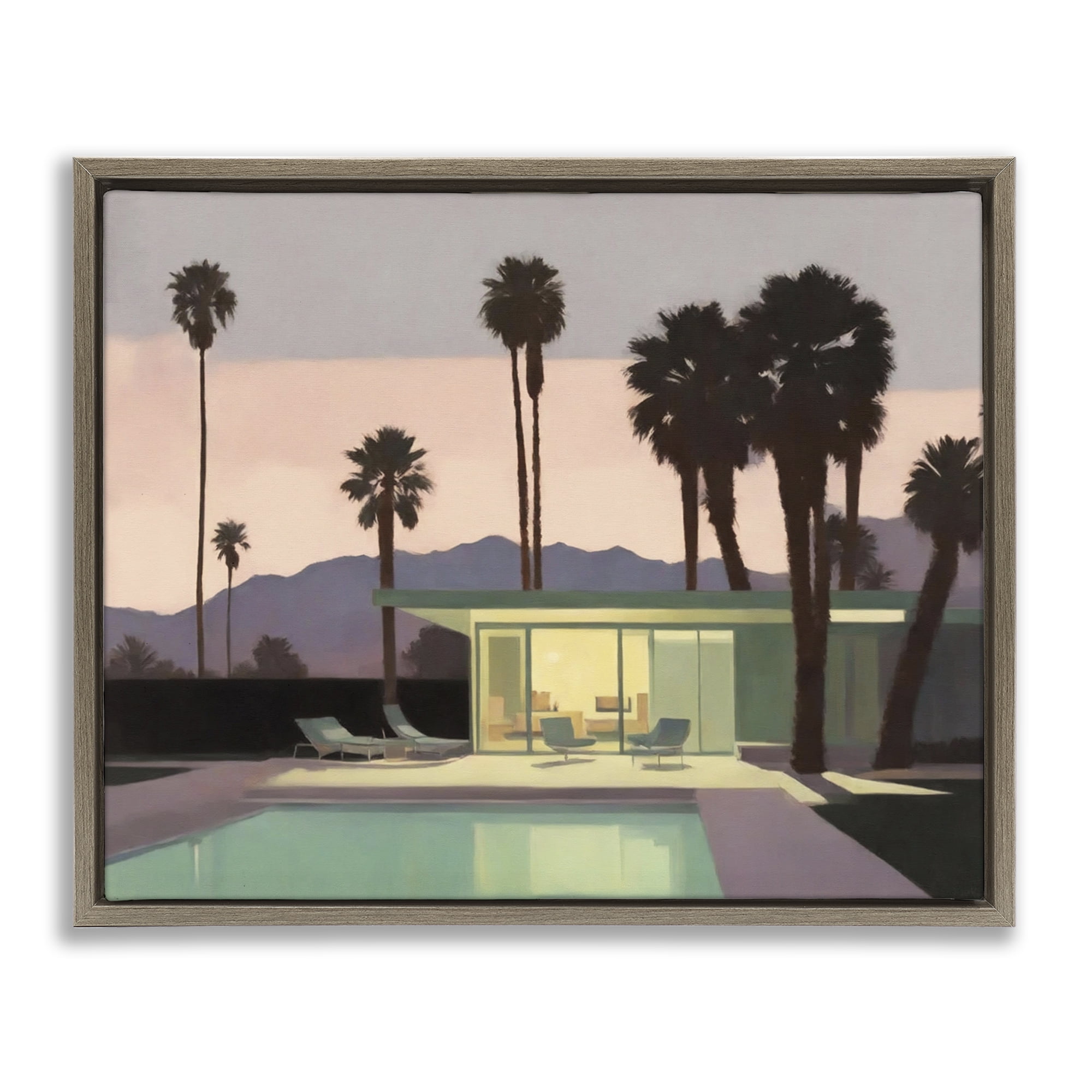 Stupell Industries Pool Surrounded by Palms Landscape & Nature Painting Brown Floater Framed Canvas Art Print Wall Art, 21 x 17