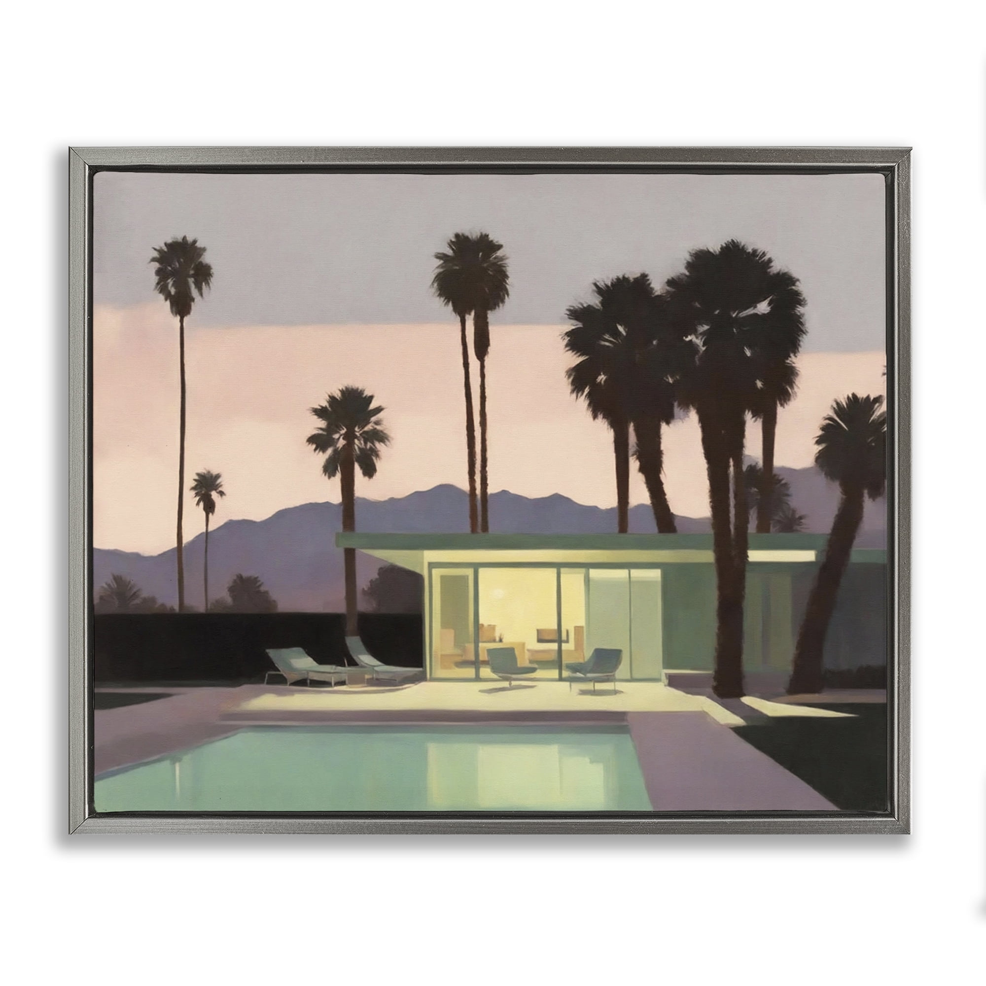 Stupell Industries Pool Surrounded by Palms Landscape & Nature Painting Gray Floater Framed Canvas Art Print Wall Art, 31 x 25