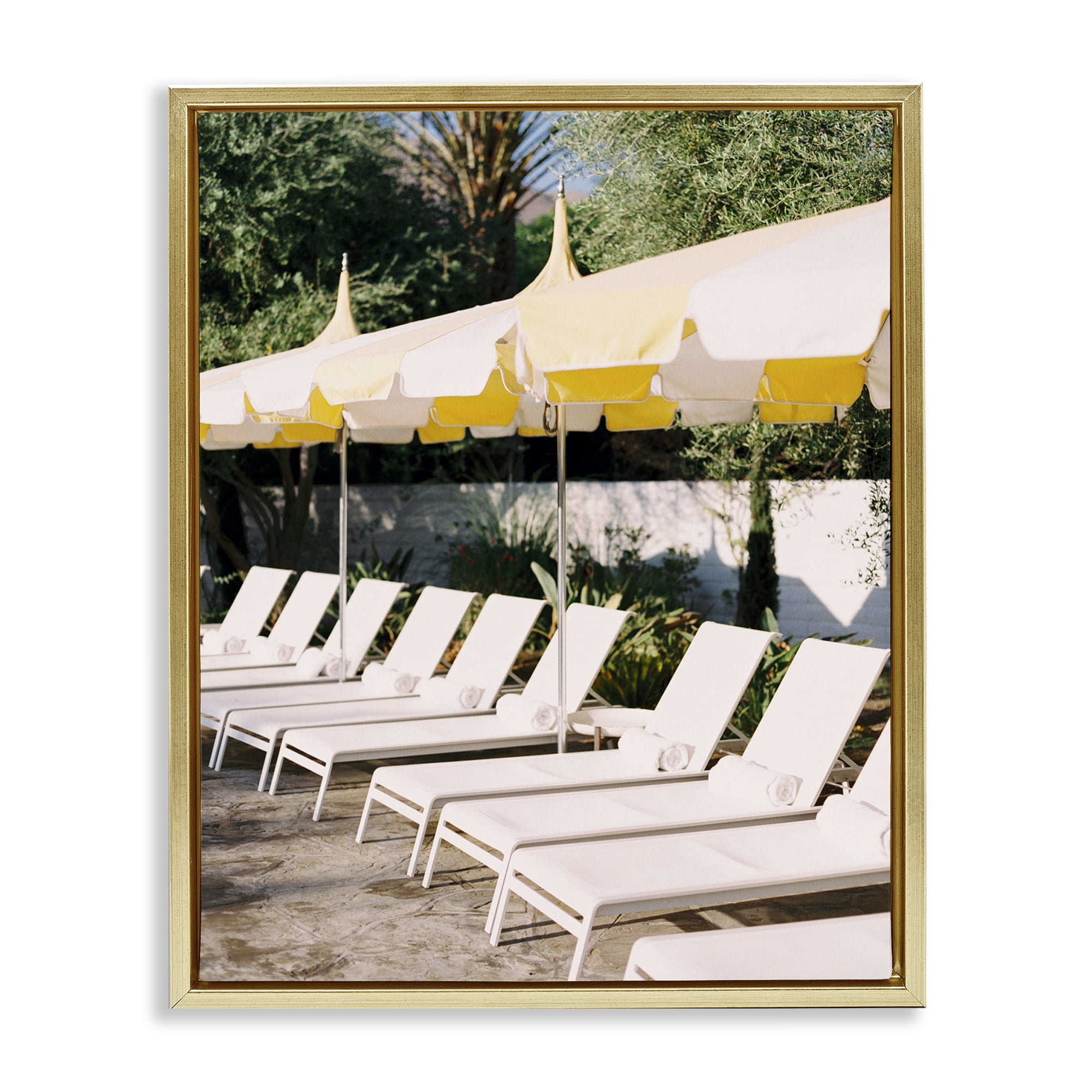 Stupell Industries Poolside Beach Chairs Landscape Photography Gold Floater Framed Canvas Art Print Wall Art, 25 x 31