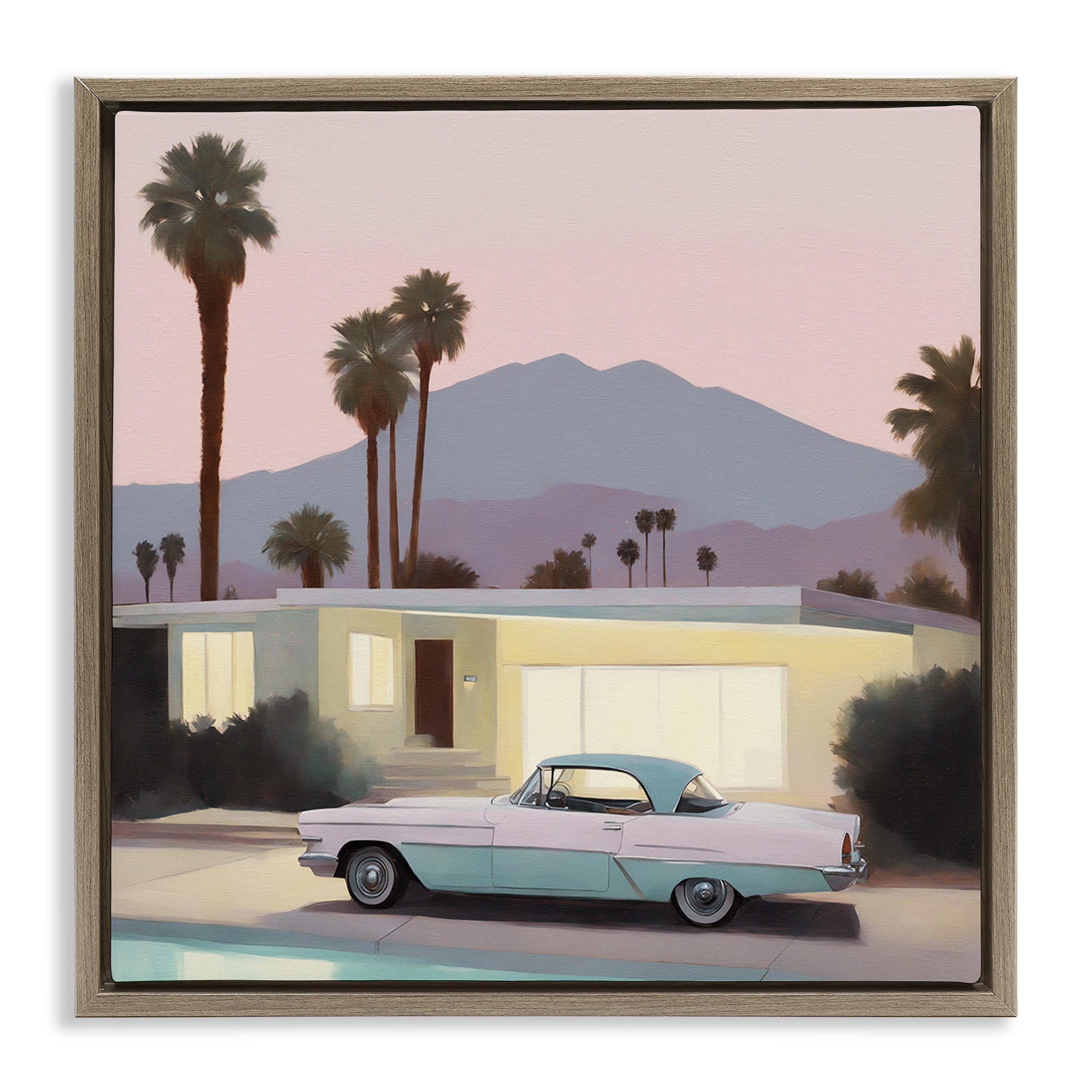 Stupell Industries Poolside Classic Car Transportation Painting Brown Floater Framed Canvas Art Print Wall Art, 25 x 25