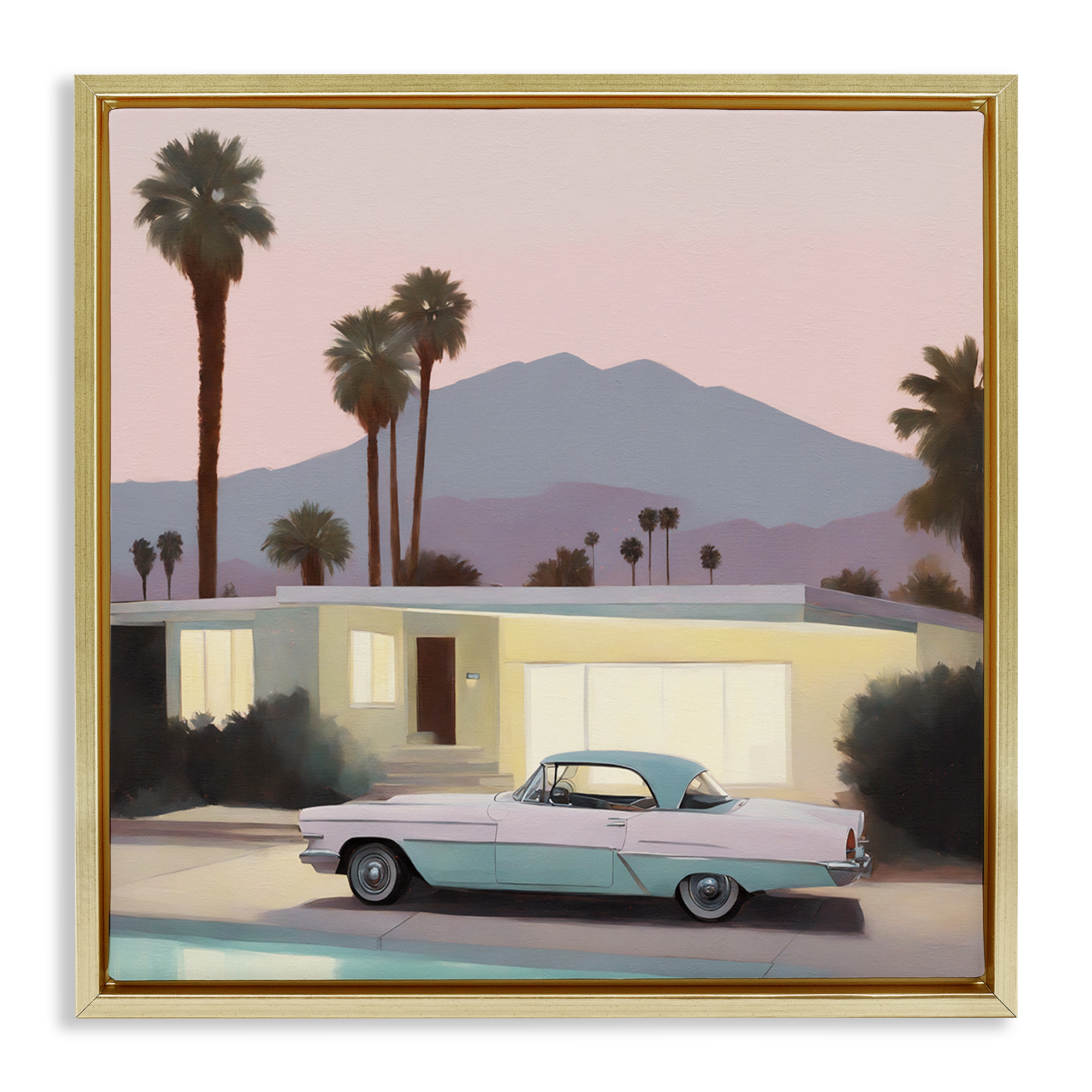 Stupell Industries Poolside Classic Car Transportation Painting Gold Floater Framed Canvas Art Print Wall Art, 18 x 18