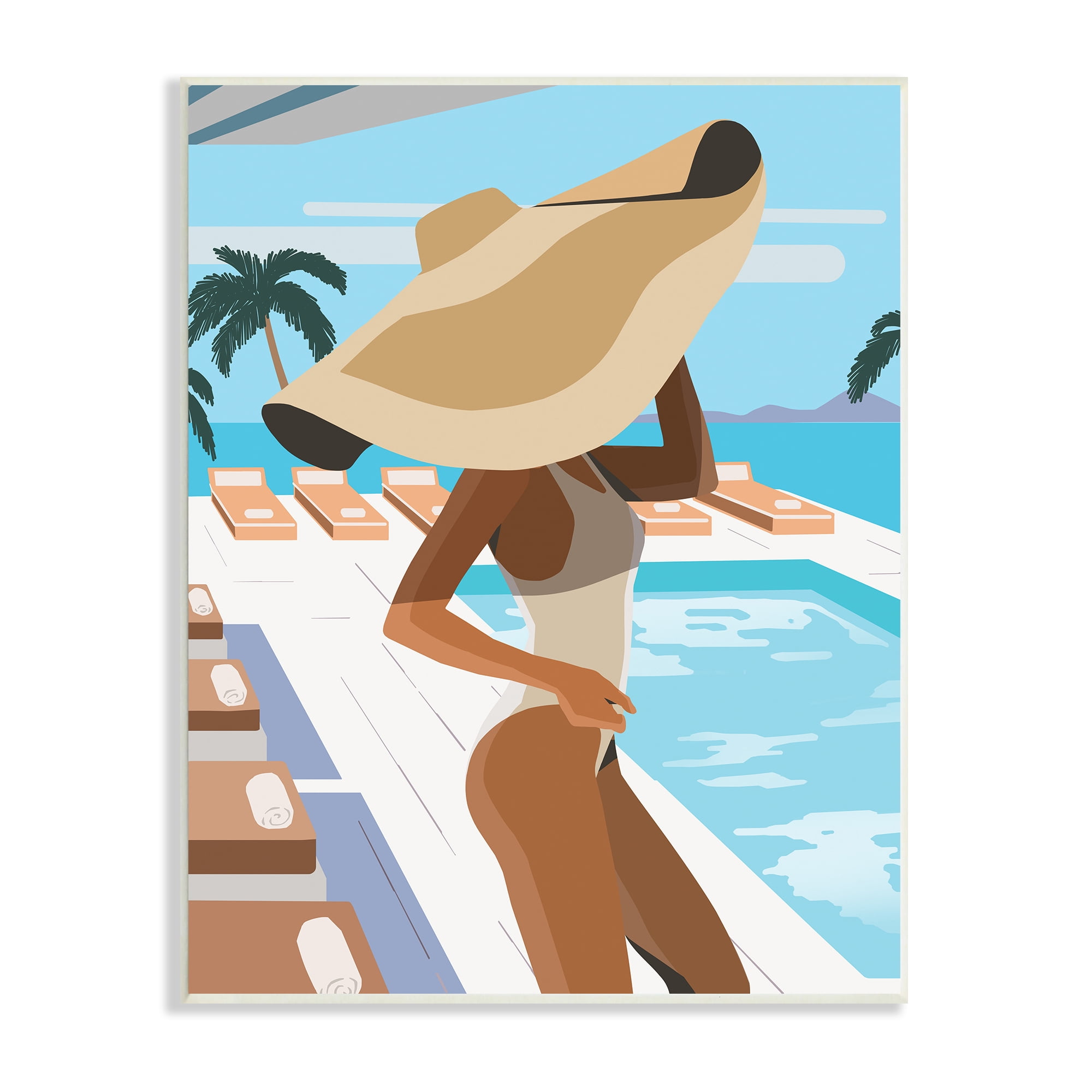 Stupell Industries Poolside Fashion Glam Pose Large Sun Hat Palms, 10 x 15, Designed by Ziwei Li