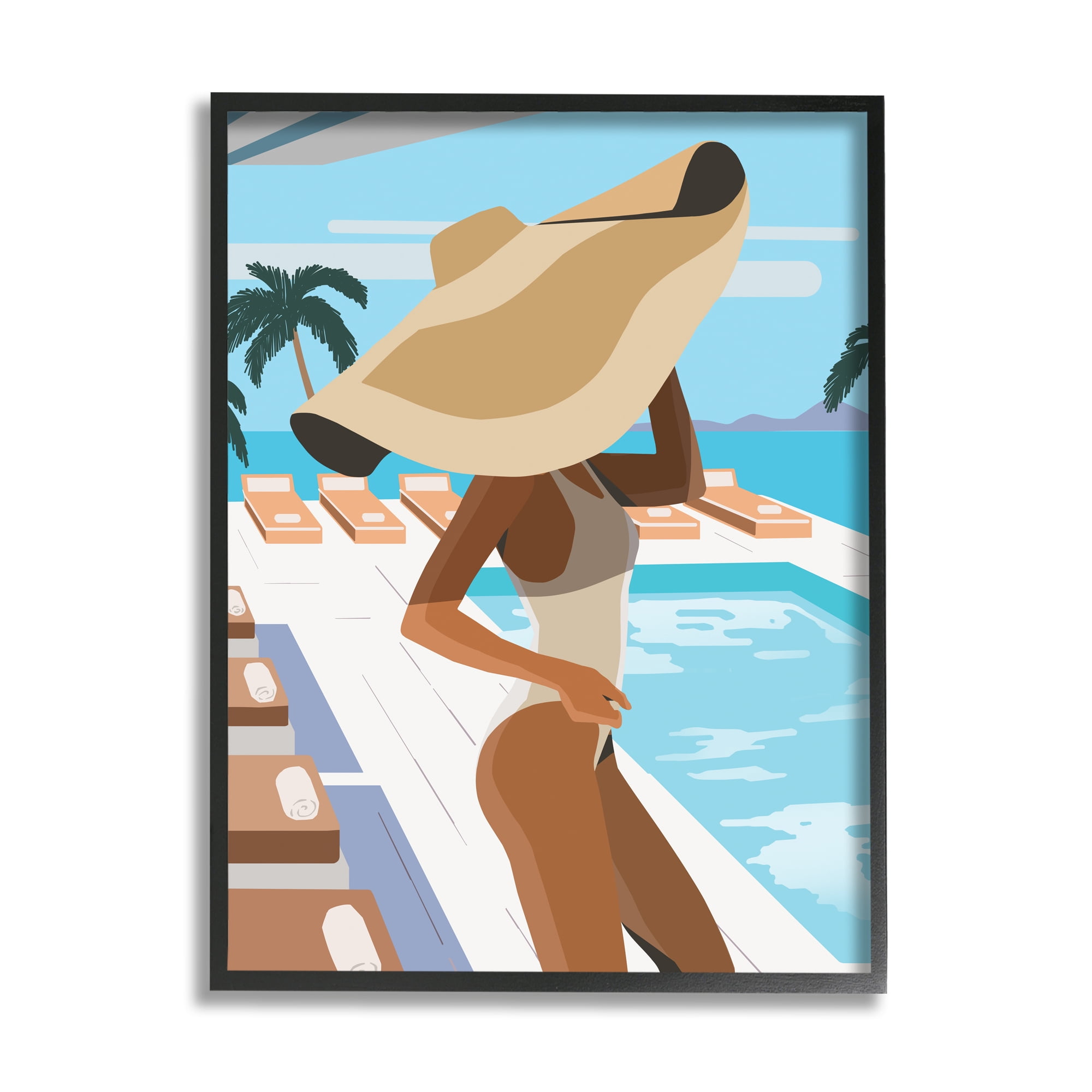 Stupell Industries Poolside Fashion Glam Pose Large Sun Hat Palms, 11 x 14, Designed by Ziwei Li