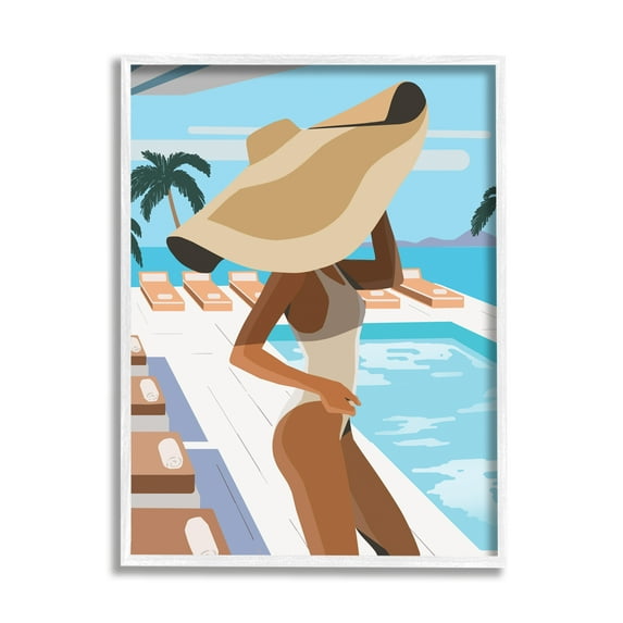 Stupell Industries Poolside Fashion Glam Pose Large Sun Hat Palms Graphic Art White Framed Art Print Wall Art, 11x14, by Ziwei Li