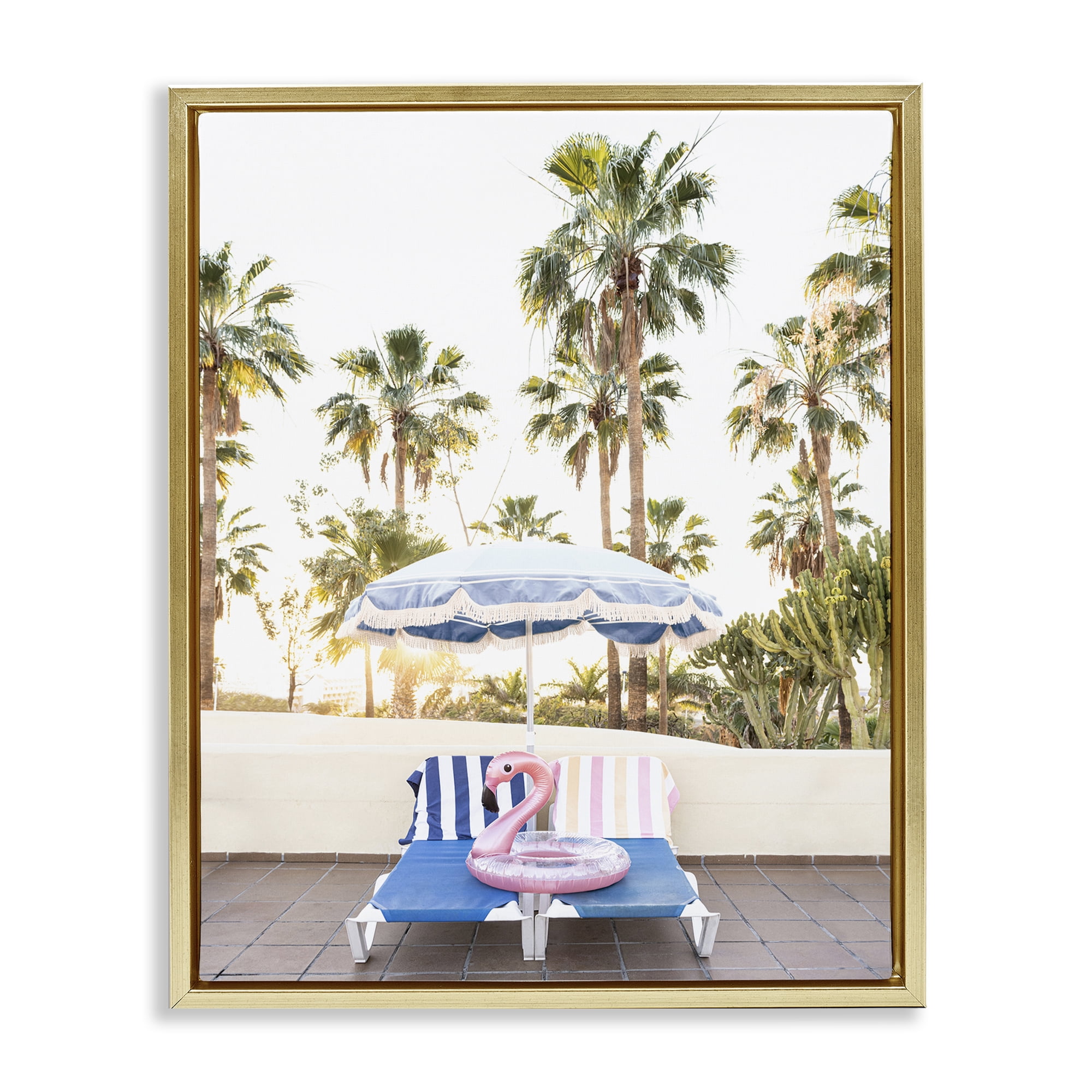 Stupell Industries Poolside Flamingo Float Landscape & Nature Photography Gold Floater Framed Canvas Art Print Wall Art, 17 x 21
