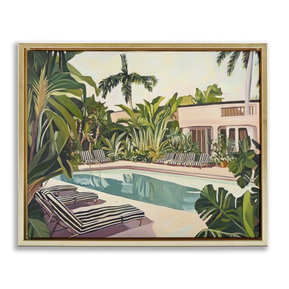 Stupell Industries Poolside Resort Lounge Chairs Gold Framed Floater Canvas Wall Art, design by Sisi and Seb