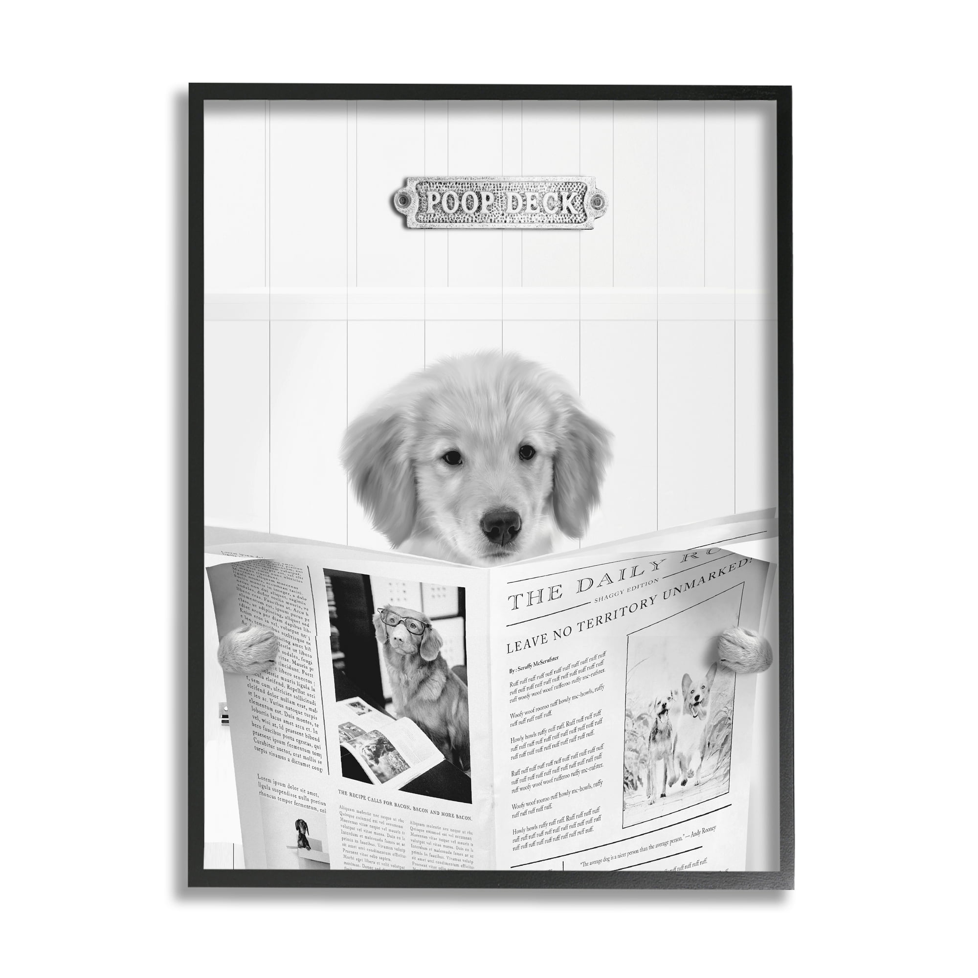 Stupell Industries Poop Deck Bathroom Dog Animals & Insects Painting Black Framed Art Print Wall Art, 16 x 20