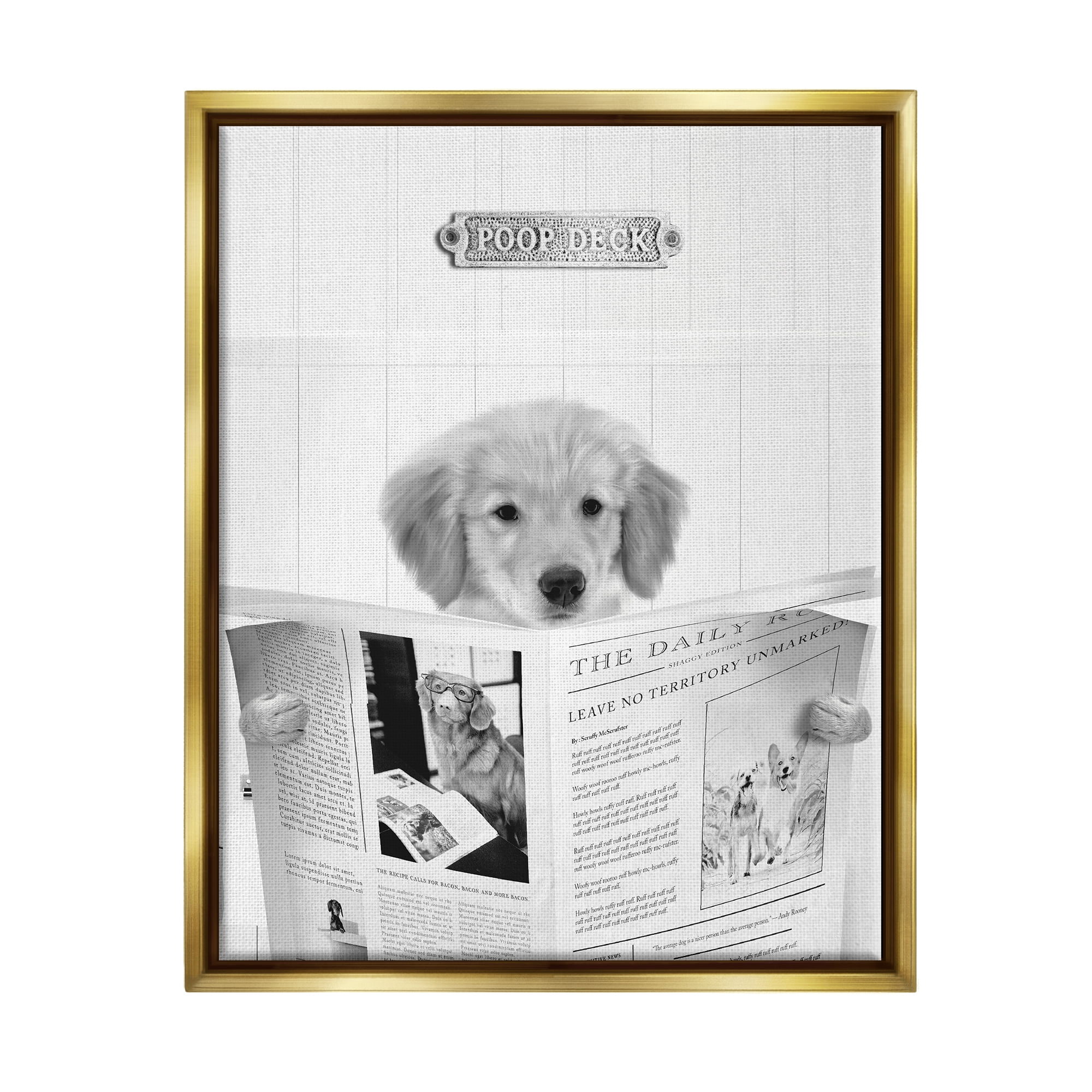 Stupell Industries Poop Deck Bathroom Dog Animals & Insects Painting Gold Floater Framed Canvas Art Print Wall Art, 25 x 31