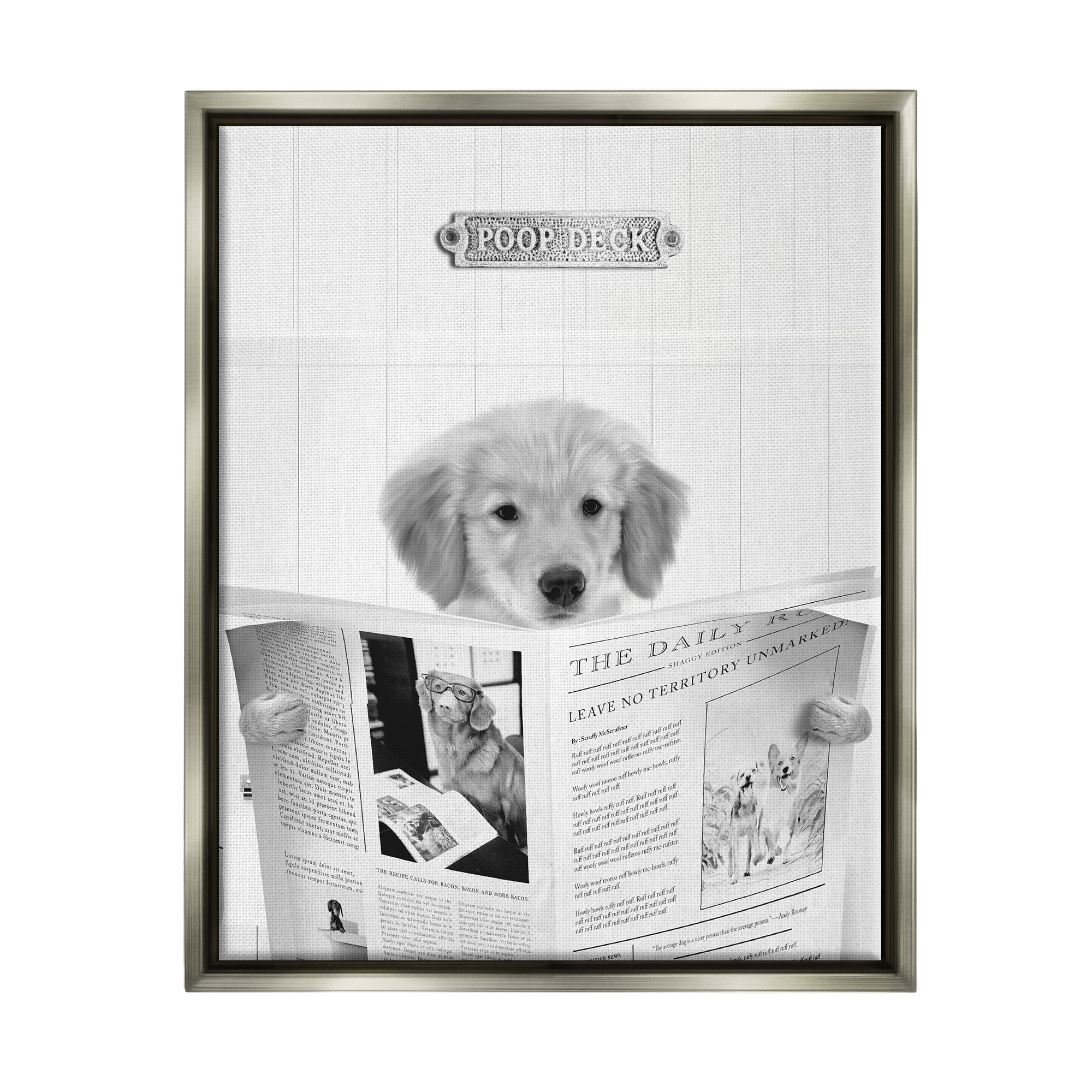 Stupell Industries Poop Deck Bathroom Dog Animals & Insects Painting Gray Floater Framed Canvas Art Print Wall Art, 17 x 21