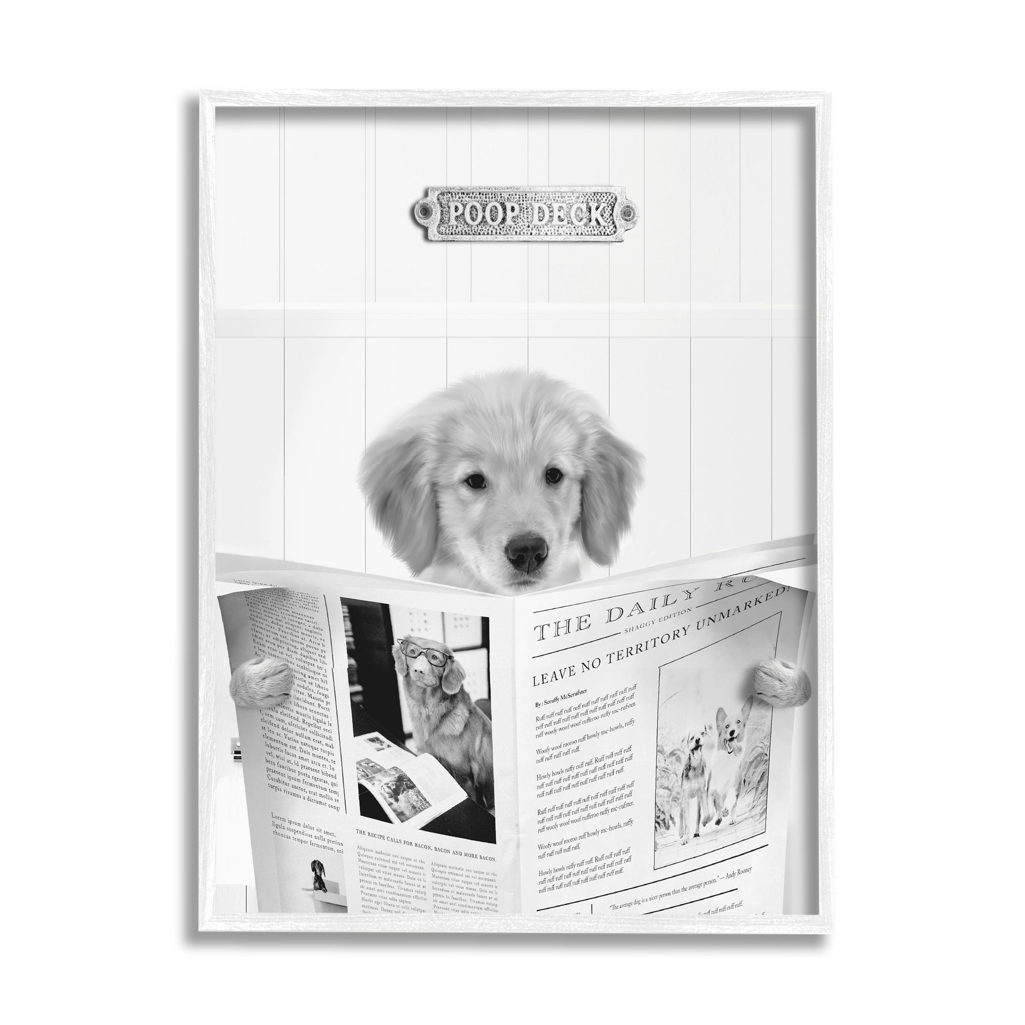 Stupell Industries Poop Deck Bathroom Dog Animals & Insects Painting White Framed Art Print Wall Art, 24 x 30