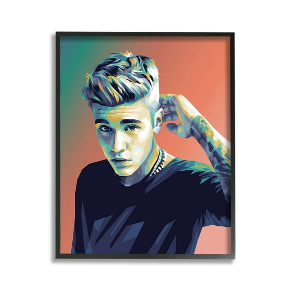 Stupell Industries Pop Culture Justin Portrait Abstract Painting Black Framed Art Print Wall Art, 11 x 14