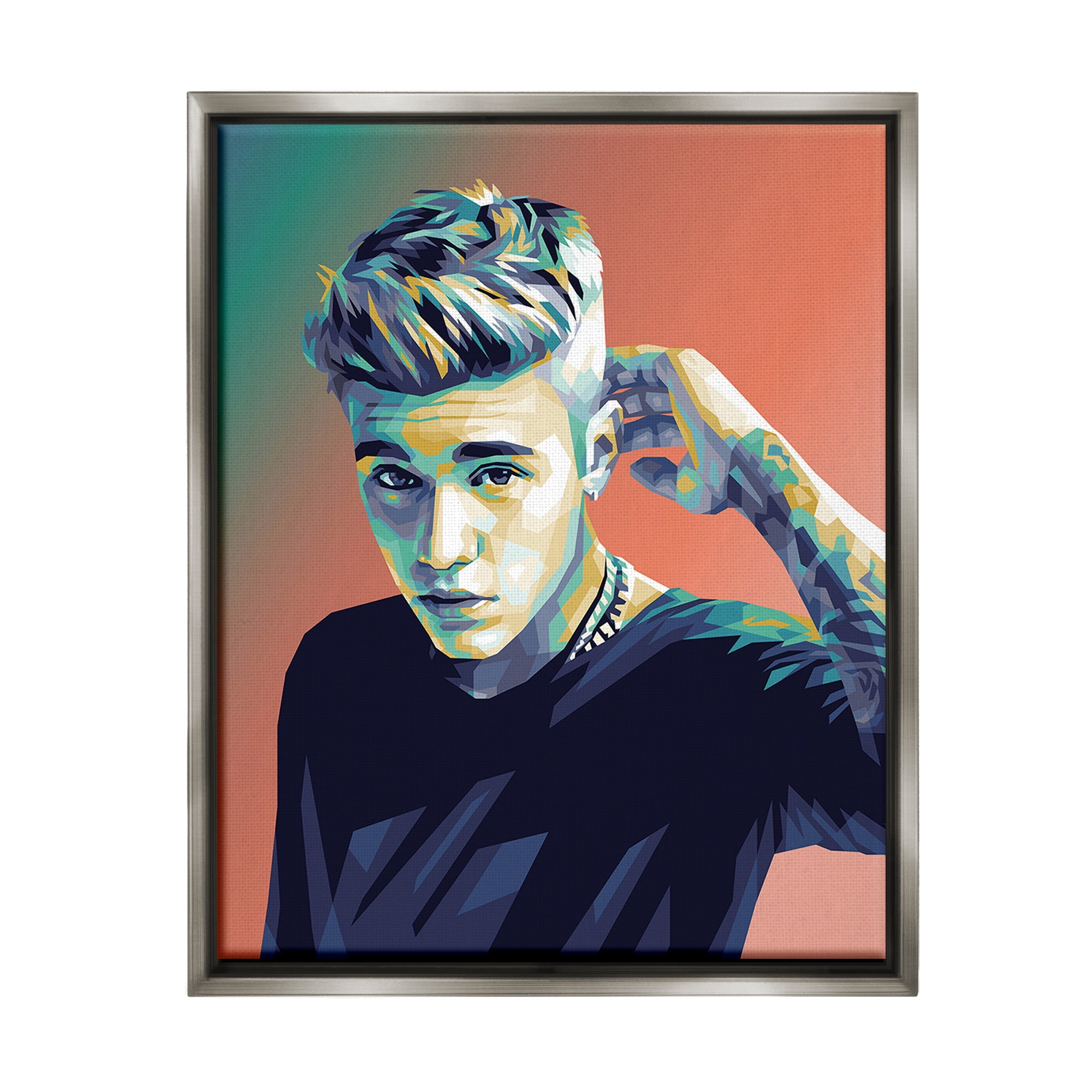 Stupell Industries Pop Culture Justin Portrait Abstract Painting Gray Floater Framed Canvas Art Print Wall Art, 25 x 31