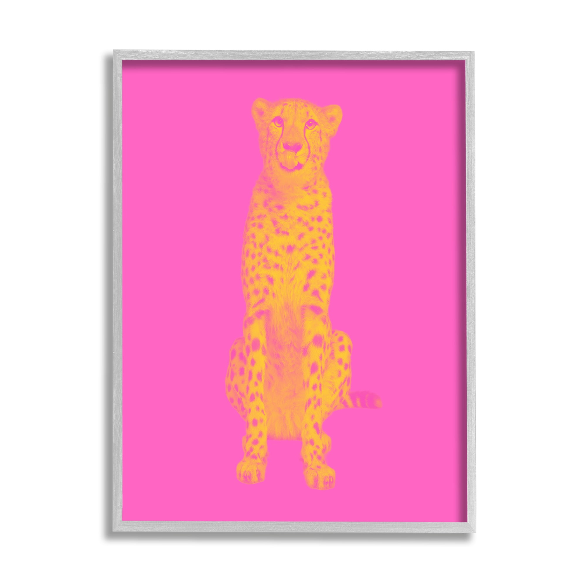 Stupell Industries Pop Pink & Yellow Leopard Animals & Insects Painting Gray Framed Art Print Wall Art, 11 x 14