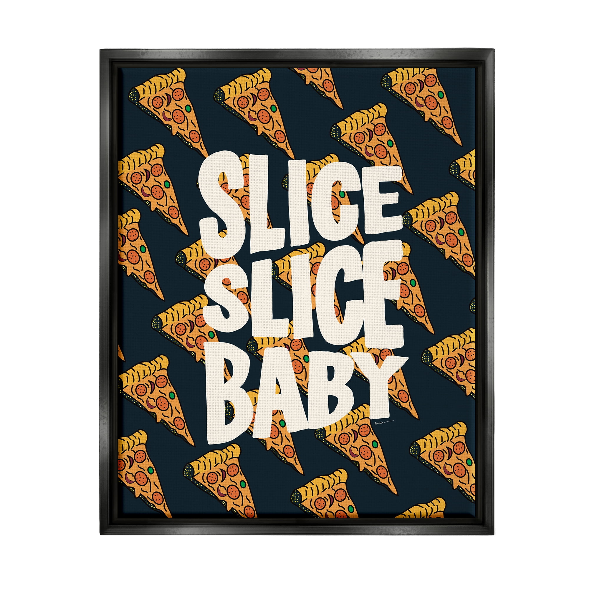 Stupell Industries Pop Pizza Slice Baby Food & Beverage Painting Black Floater Framed Canvas Art Print Wall Art, 17 x 21