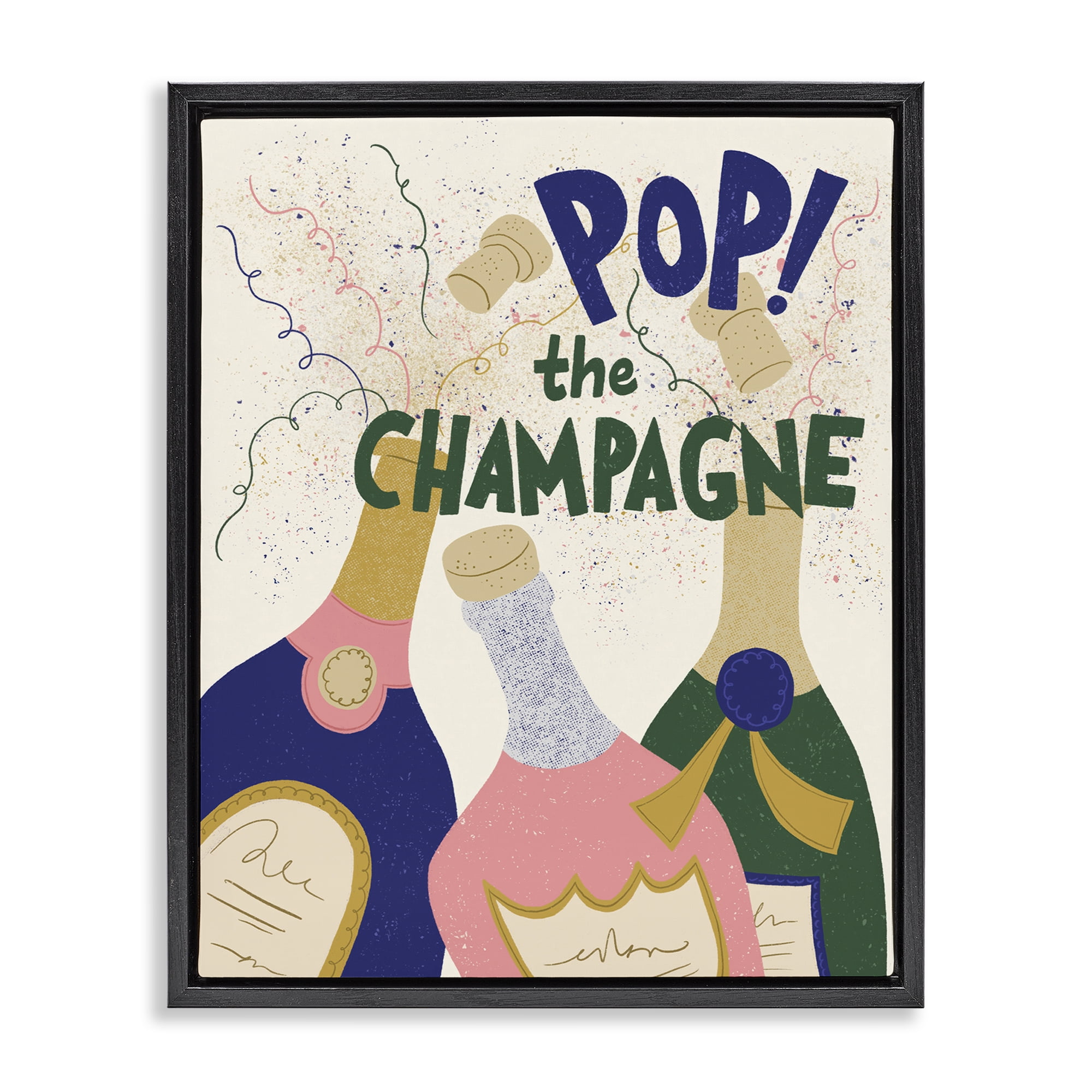 Stupell Industries Pop The Champagne Celebrate Food & Beverage Painting Black Floater Framed Canvas Art Print Wall Art, 25 x 31