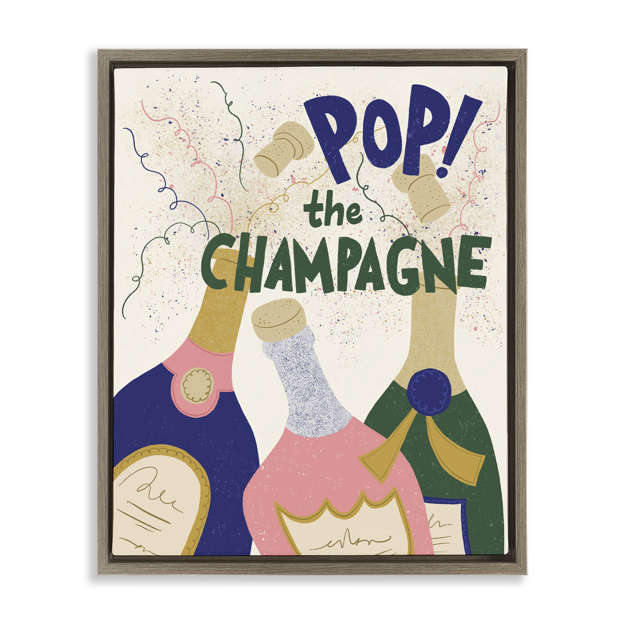 Stupell Industries Pop The Champagne Celebrate Food & Beverage Painting Brown Floater Framed Canvas Art Print Wall Art, 25 x 31