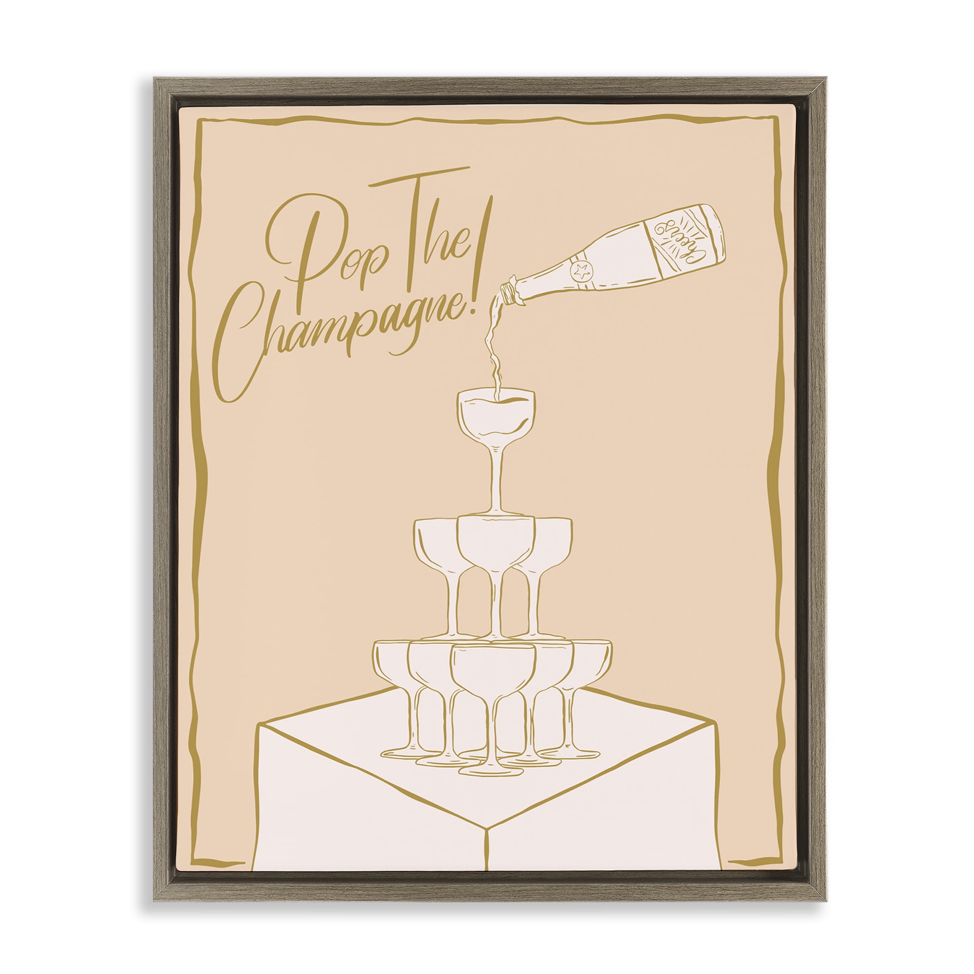 Stupell Industries Pop The Champagne Phrase Food & Beverage Painting Brown Floater Framed Canvas Art Print Wall Art, 17 x 21