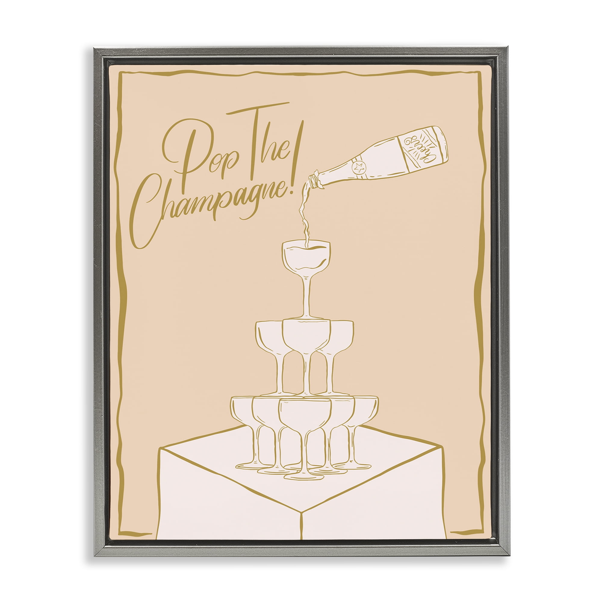 Stupell Industries Pop The Champagne Phrase Food & Beverage Painting Gray Floater Framed Canvas Art Print Wall Art, 17 x 21