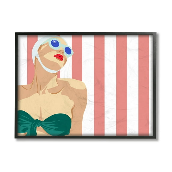 Stupell Industries Pop Vintage Female Swimsuit Bold Red Stripes Black Framed by Jen Bucheli