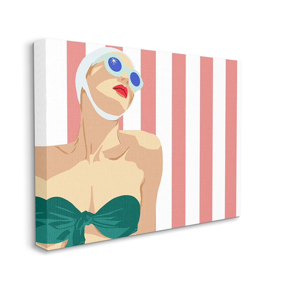 Stupell Industries Pop Vintage Female Swimsuit Bold Red Stripes Canvas Wall Art by Jen Bucheli