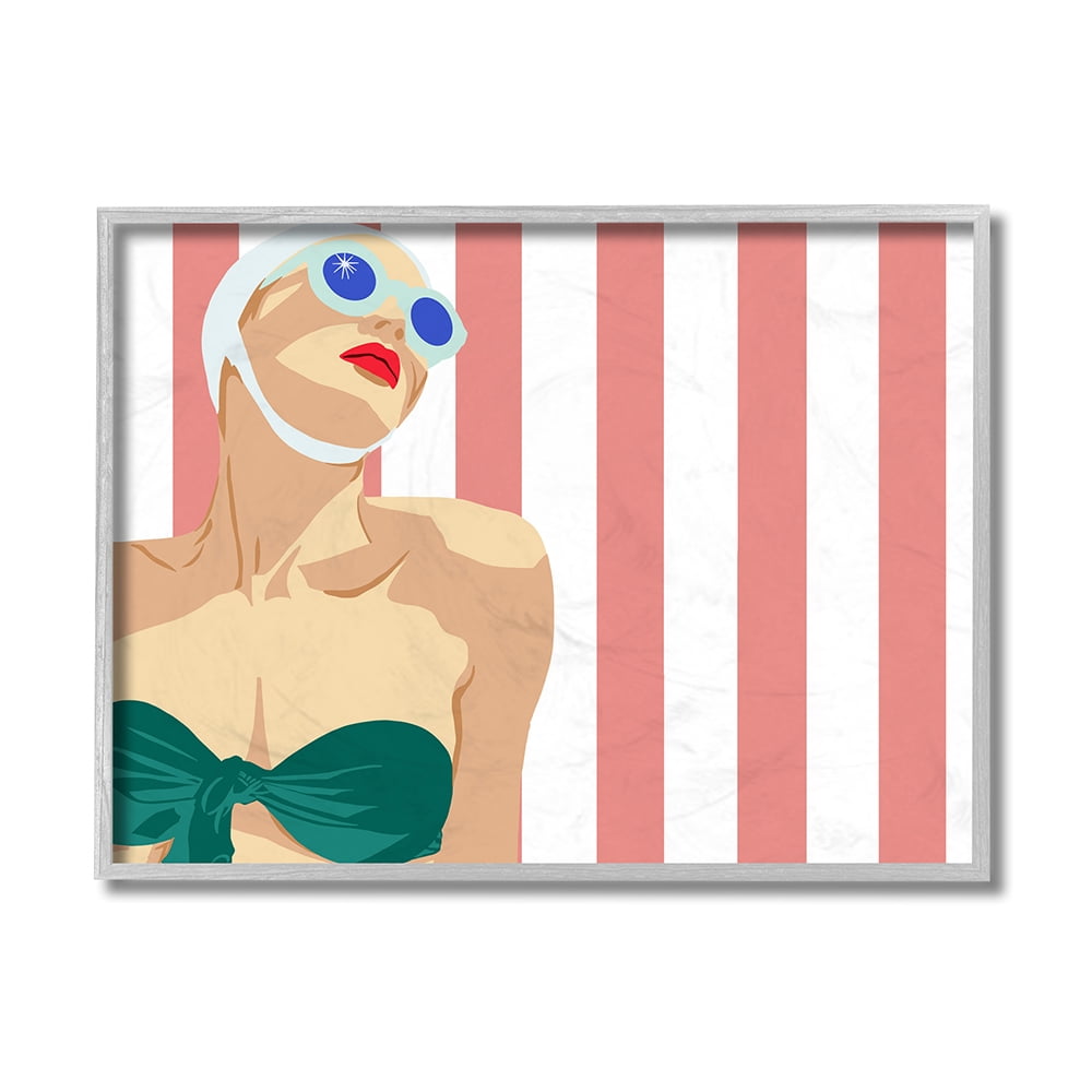 Stupell Industries Pop Vintage Female Swimsuit Bold Red Stripes Gray Framed by Jen Bucheli