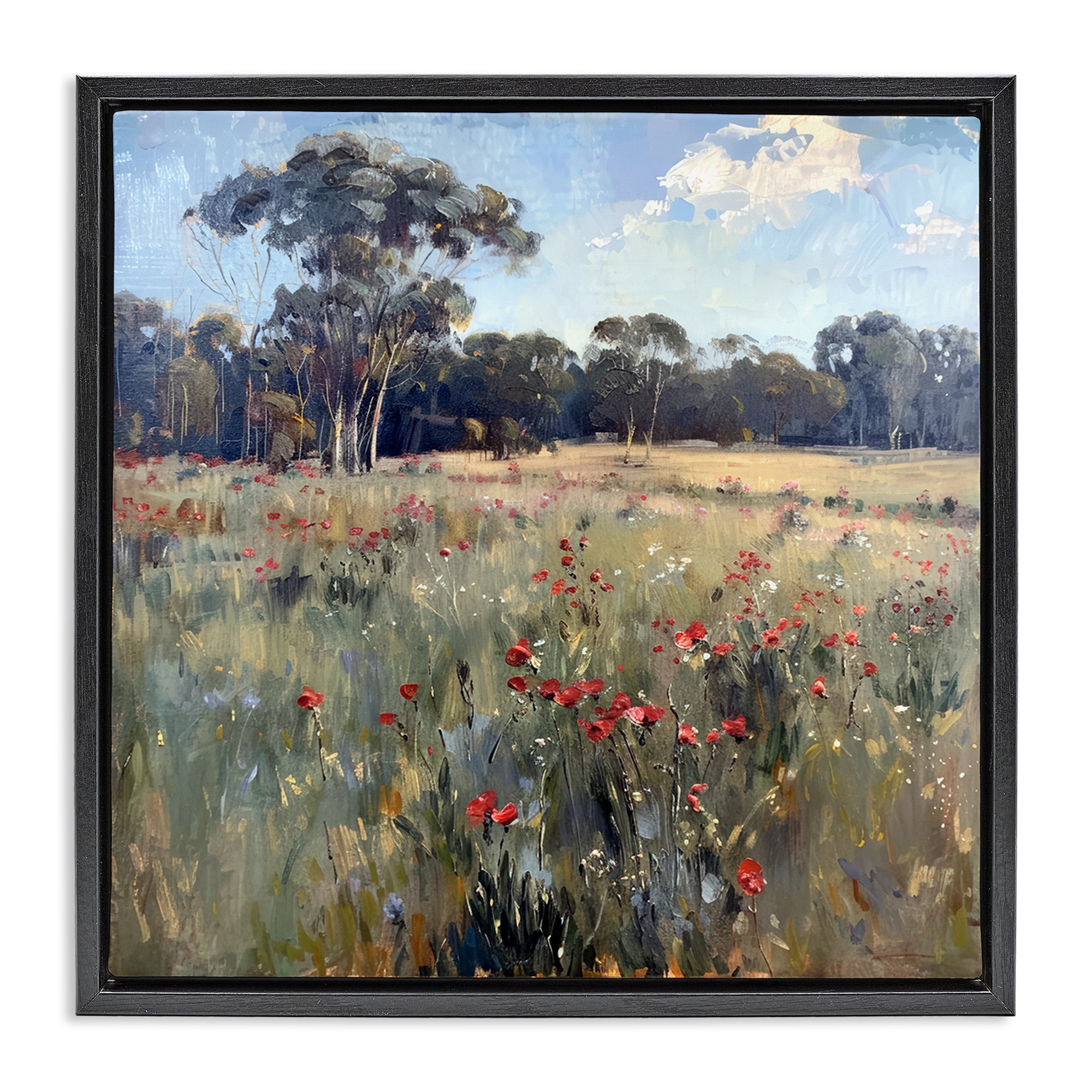 Stupell Industries Poppies in Vast Field Landscape & Nature Painting Black Floater Framed Canvas Art Print Wall Art, 18 x 18