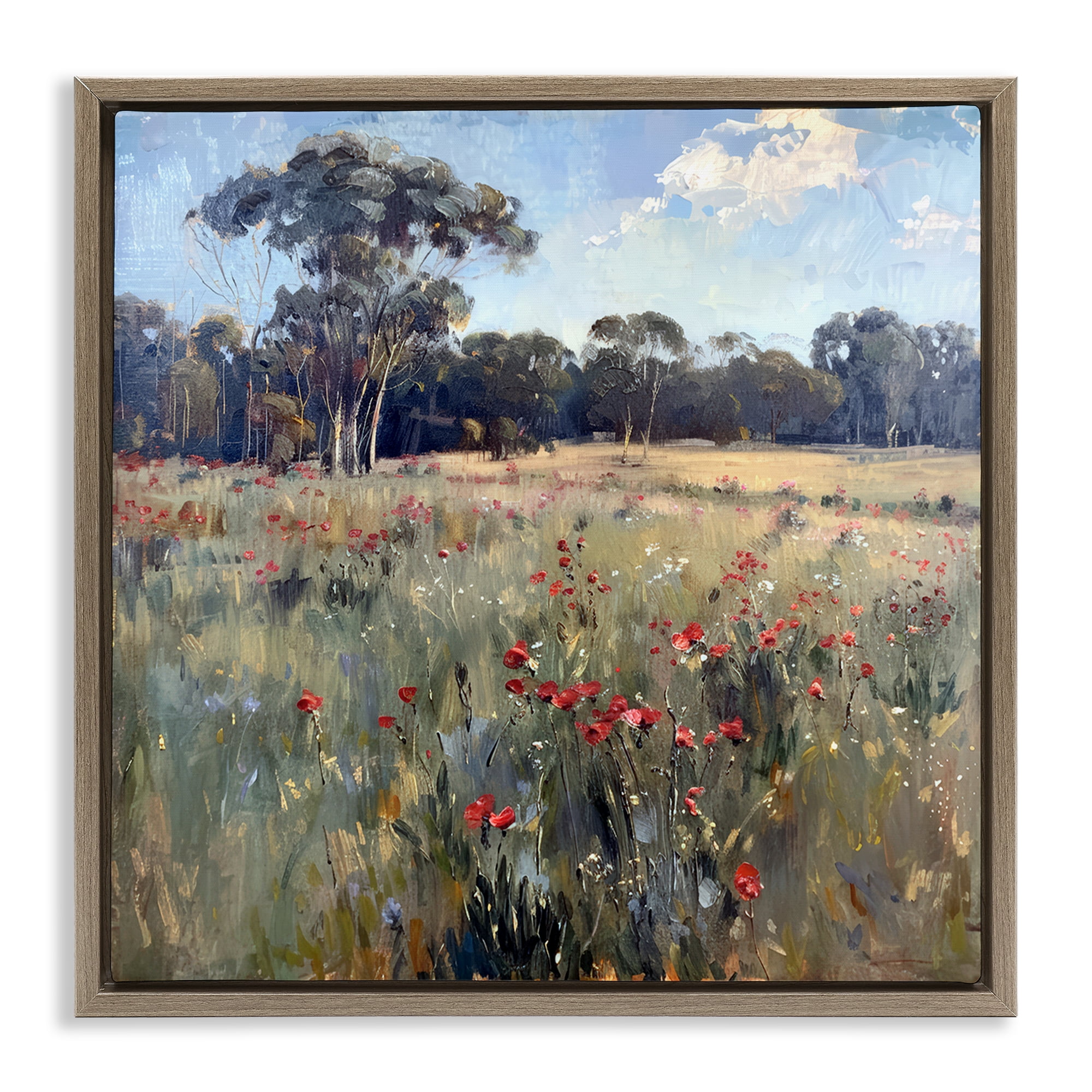 Stupell Industries Poppies in Vast Field Landscape & Nature Painting Brown Floater Framed Canvas Art Print Wall Art, 25 x 25