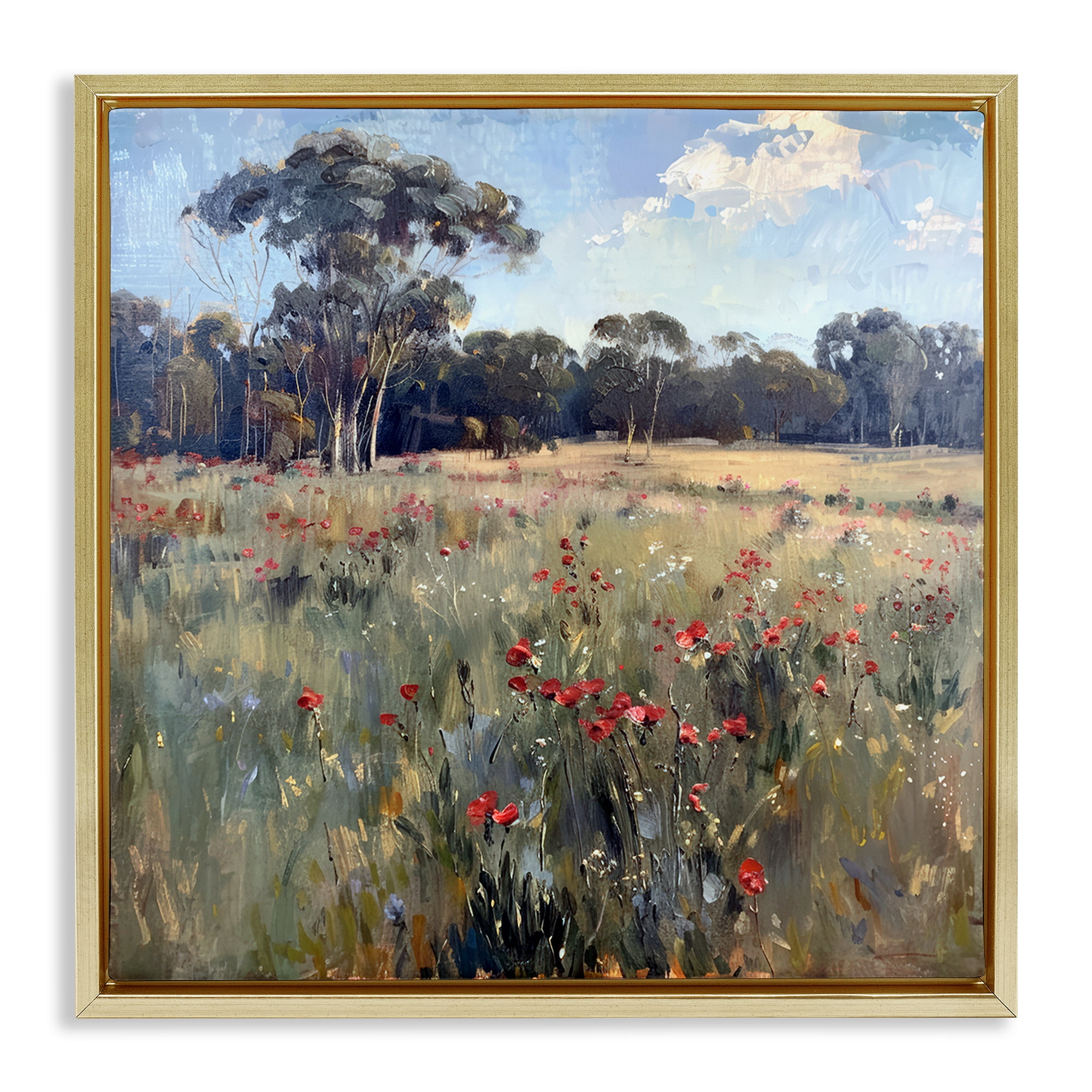 Stupell Industries Poppies in Vast Field Landscape & Nature Painting Gold Floater Framed Canvas Art Print Wall Art, 18 x 18