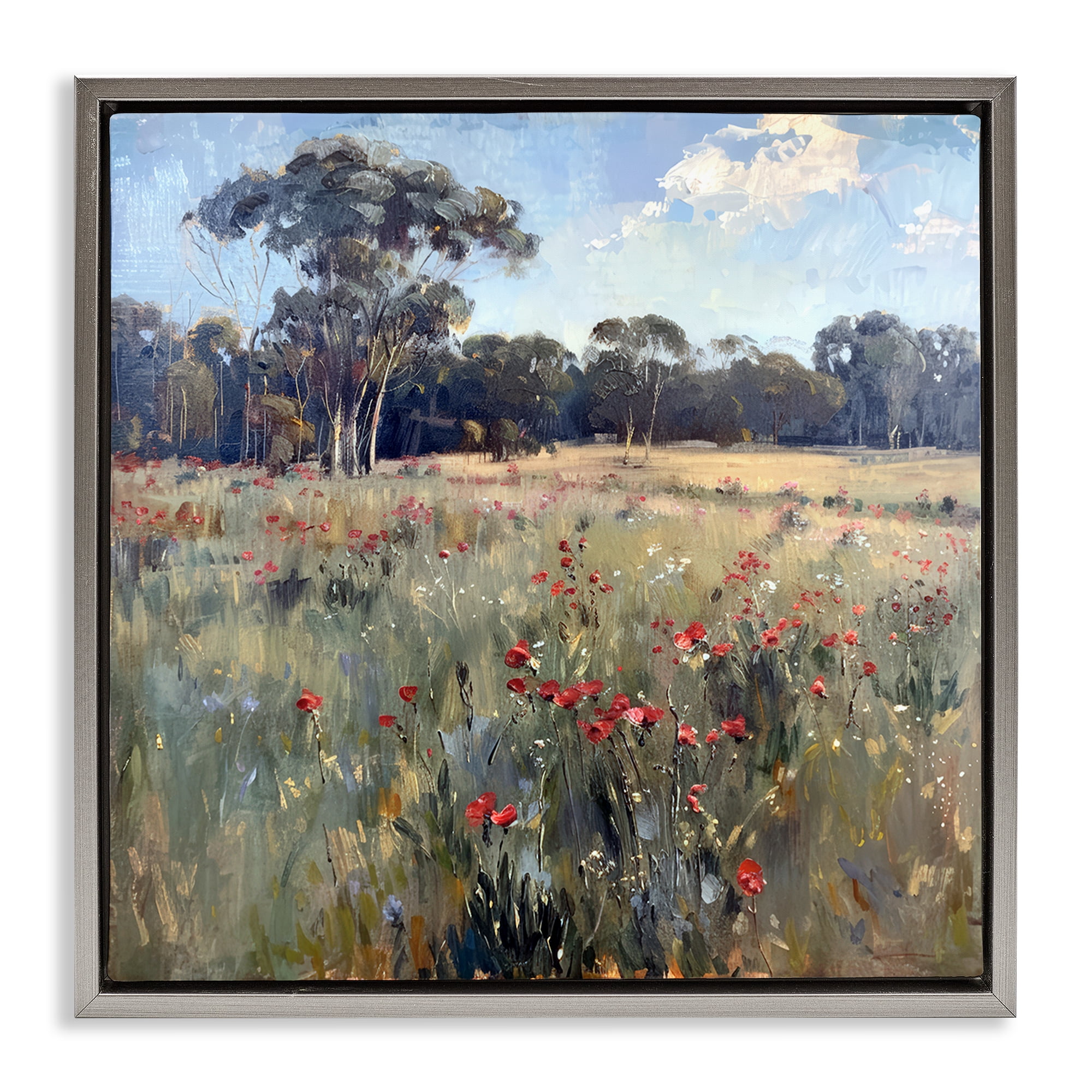 Stupell Industries Poppies in Vast Field Landscape & Nature Painting Gray Floater Framed Canvas Art Print Wall Art, 18 x 18