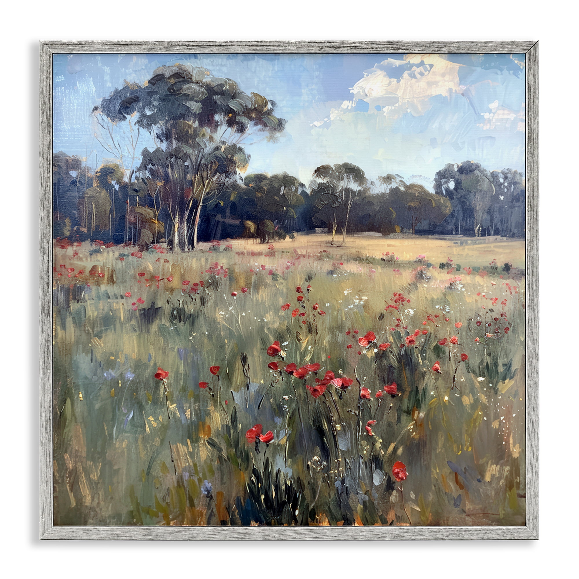 Stupell Industries Poppies in Vast Field Landscape & Nature Painting Gray Framed Art Print Wall Art, 17 x 17